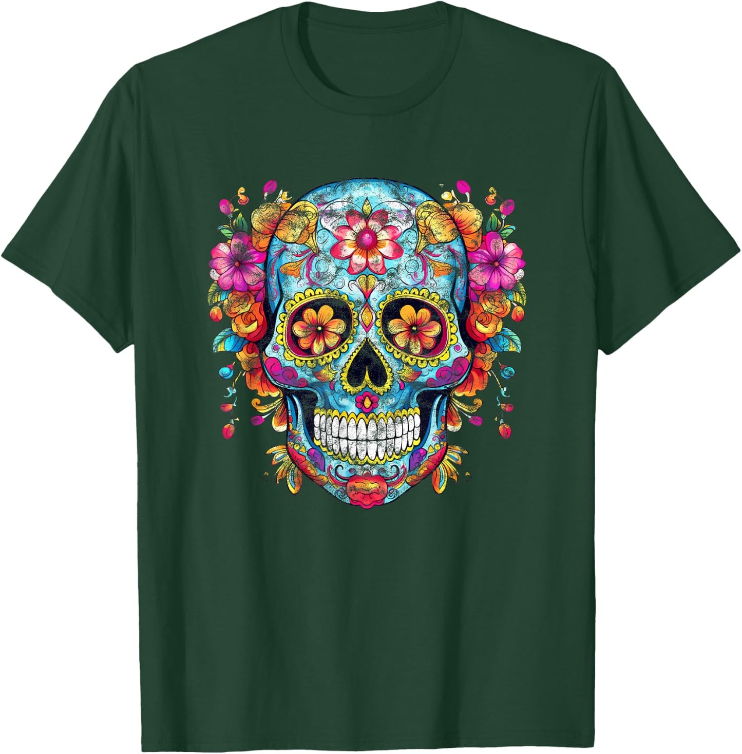 Bunter Mexikanischer Totenschädel Muster Blumen Halloween T-Shirt - T-Shirt | Forest