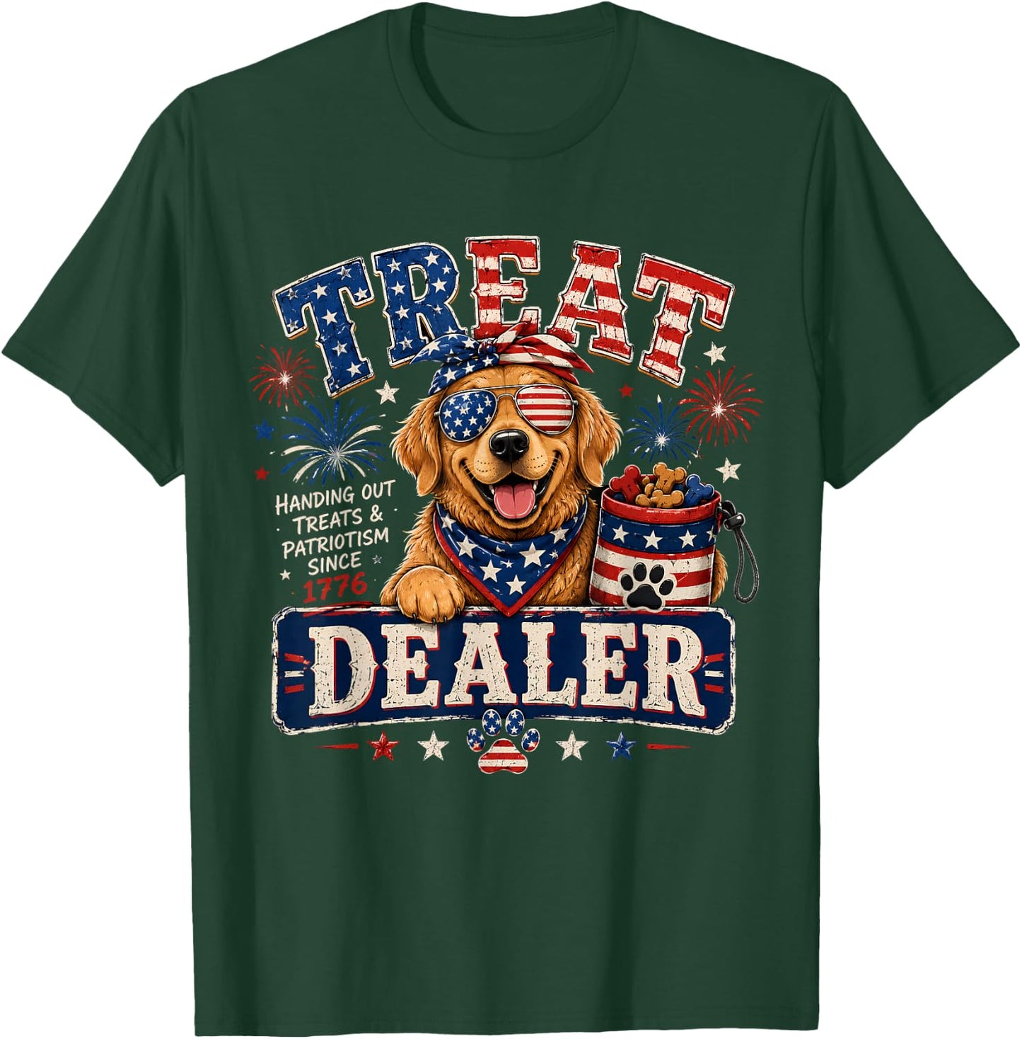 Dog Treat Dealer USA Patriotic 4th of July Golden Retriever T-Shirt - T-Shirt | Forest