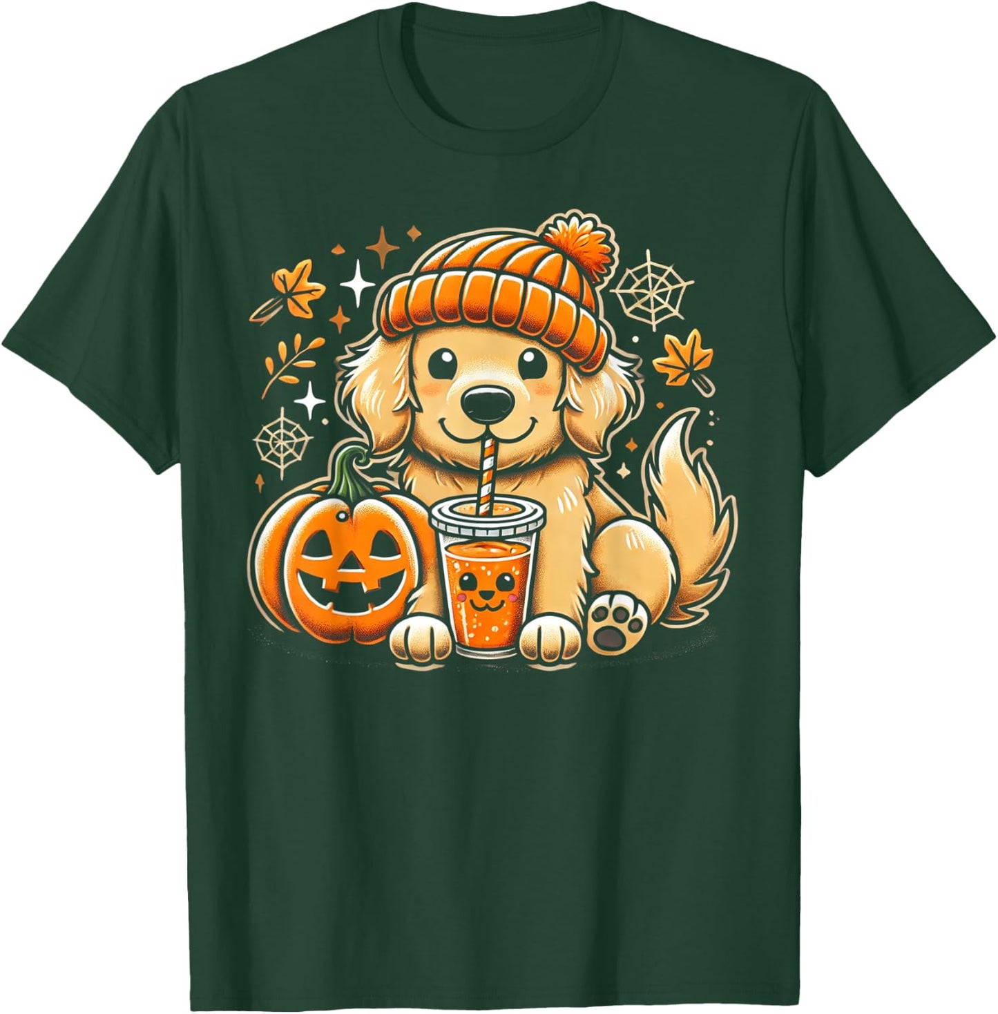 Cute Golden Retriever in Autumn with Pumpkin Drink T-Shirt - T-Shirt | Forest