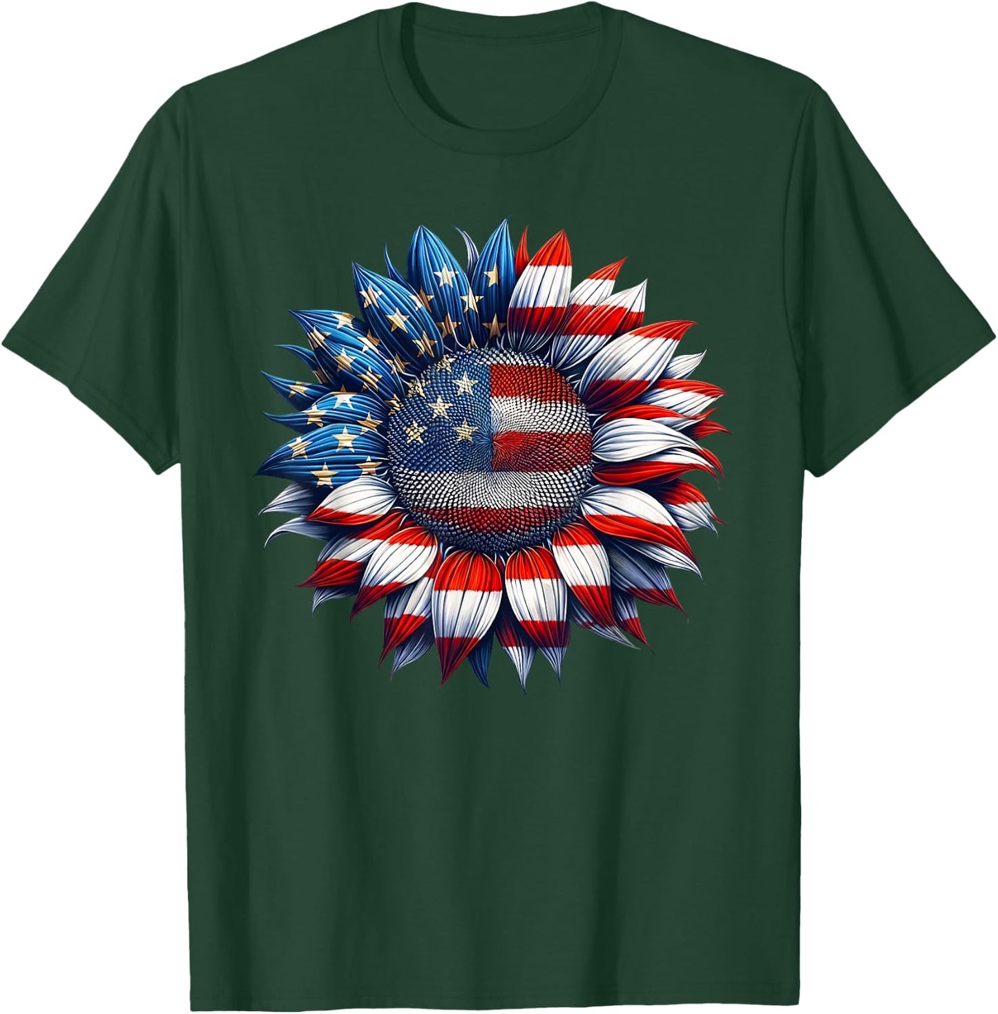 Sunflower American Flag 4th of July Women Men Merica USA T-Shirt - T-Shirt | Forest
