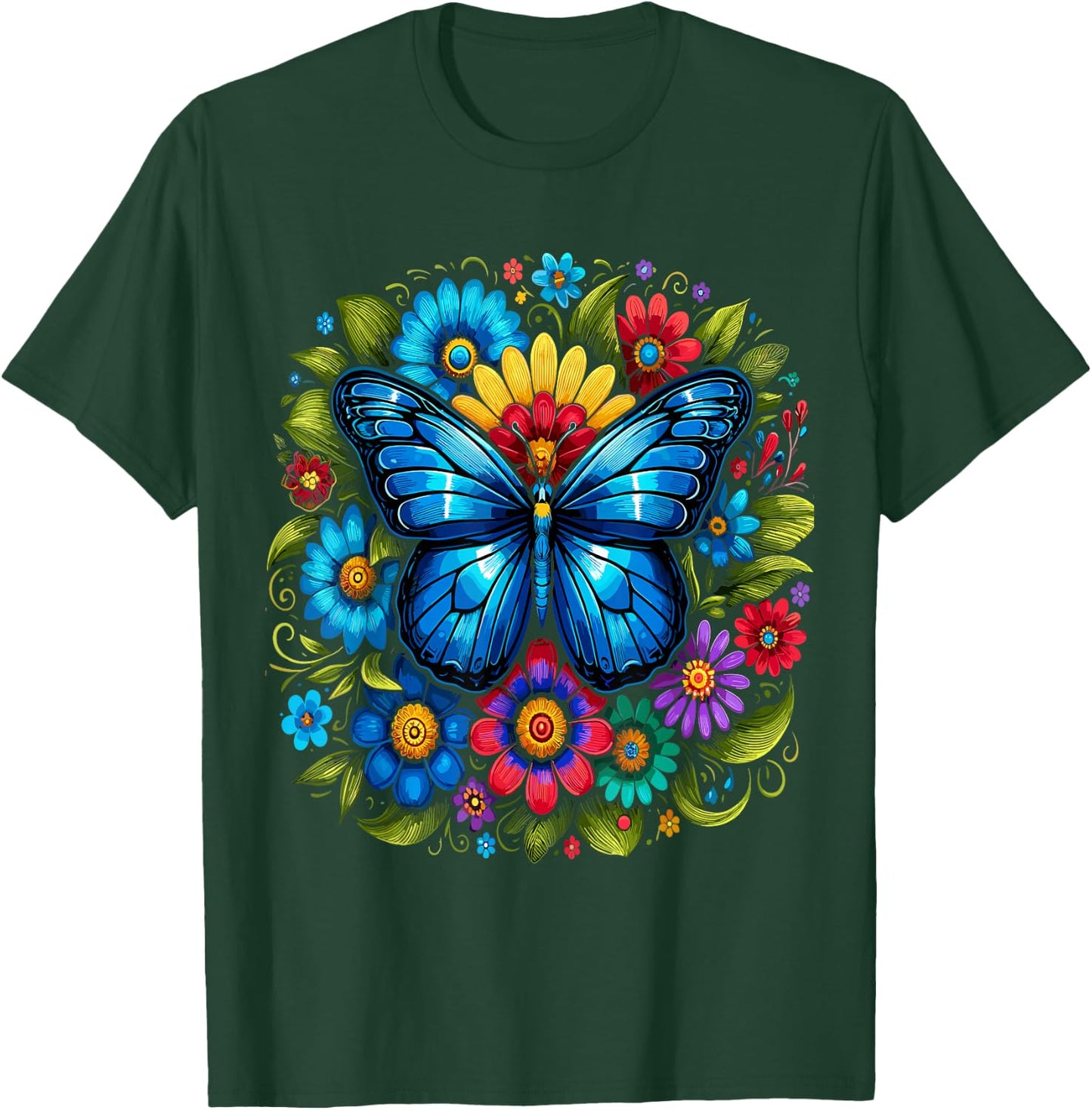 Blue Butterfly With Flowers Garden Beautiful Butterflies T-Shirt - T-Shirt | Forest