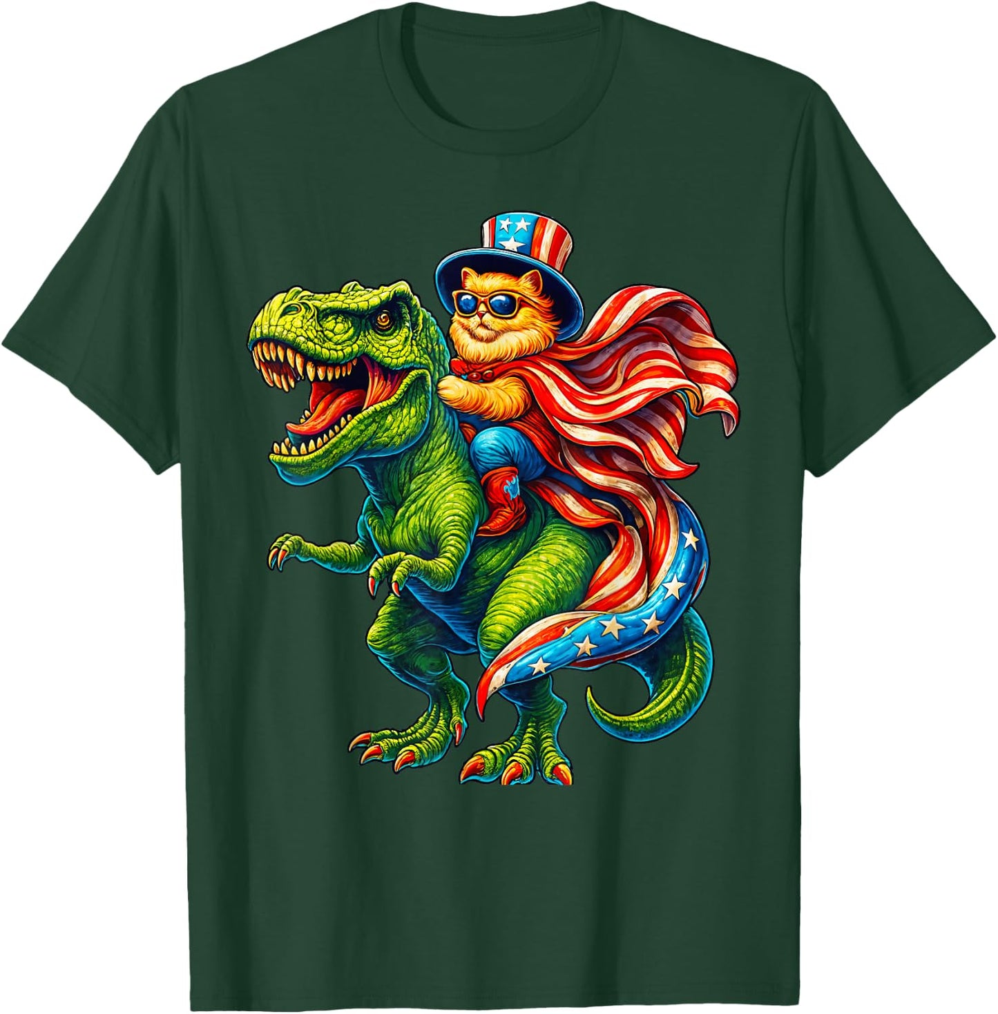 Patriotic Cat Riding T-Rex 4th of July Dinosaur USA Flag T-Shirt - T-Shirt | Forest
