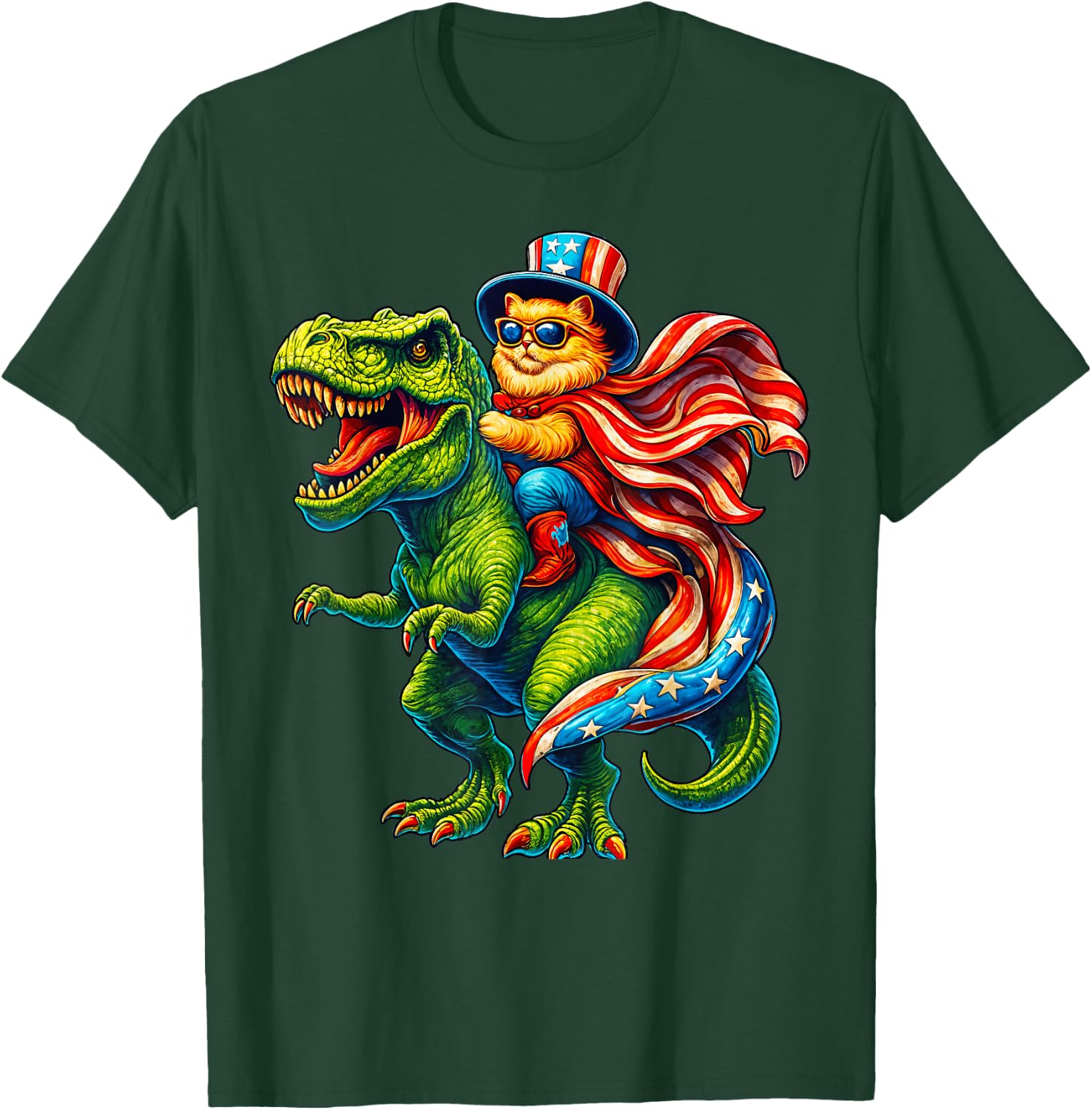 Patriotic Cat Riding T-Rex 4th of July Dinosaur USA Flag T-Shirt - T-Shirt | Forest