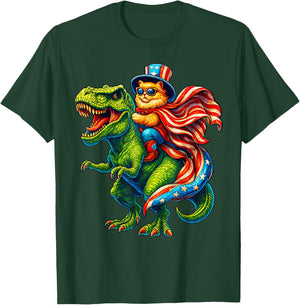 Patriotic Cat Riding T-Rex 4th of July Dinosaur USA Flag T-Shirt - T-Shirt | Forest