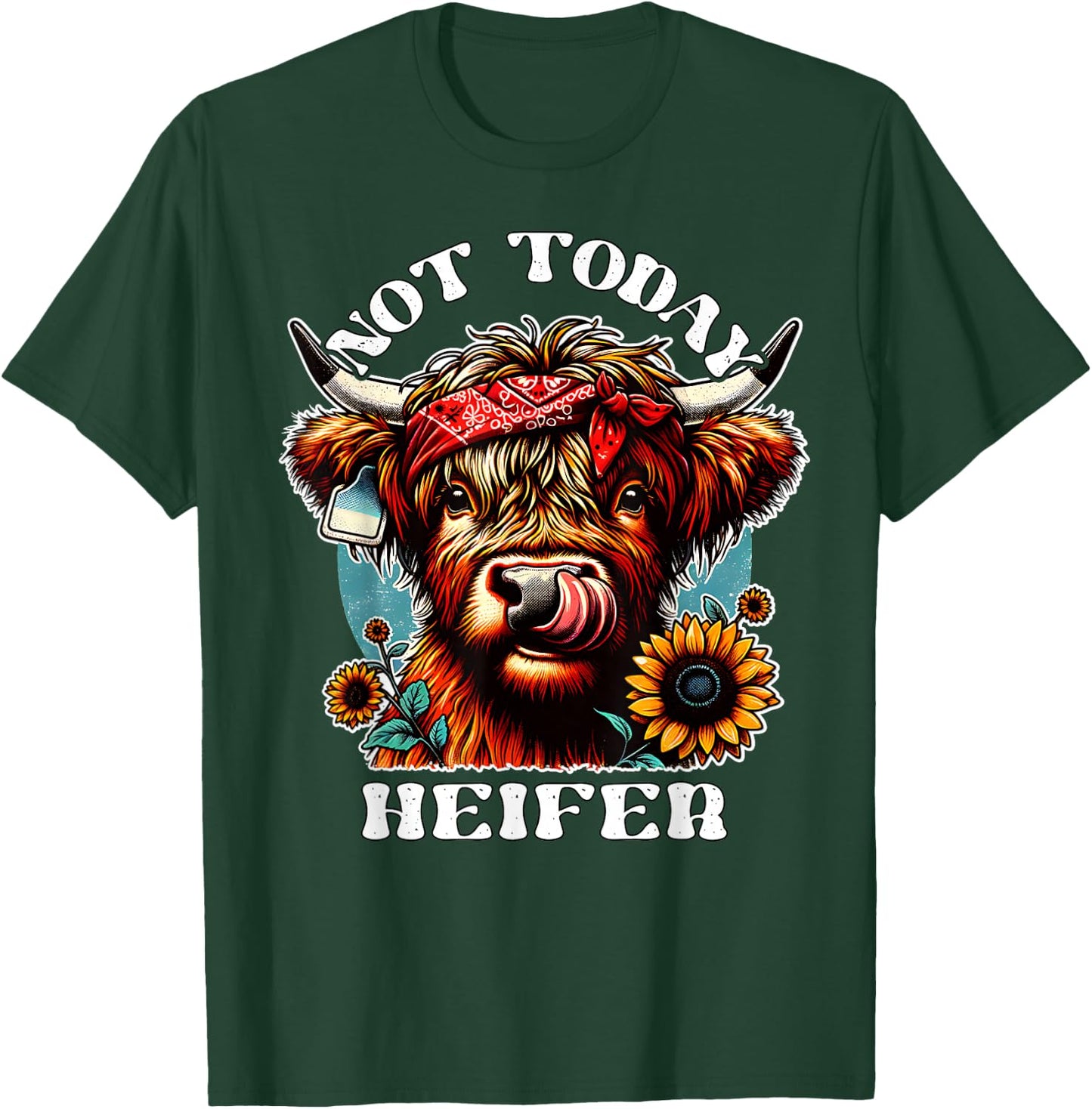 Not Today Heifer Retro Highland Cow Bandana Sunflowers T-Shirt - T-Shirt | Forest