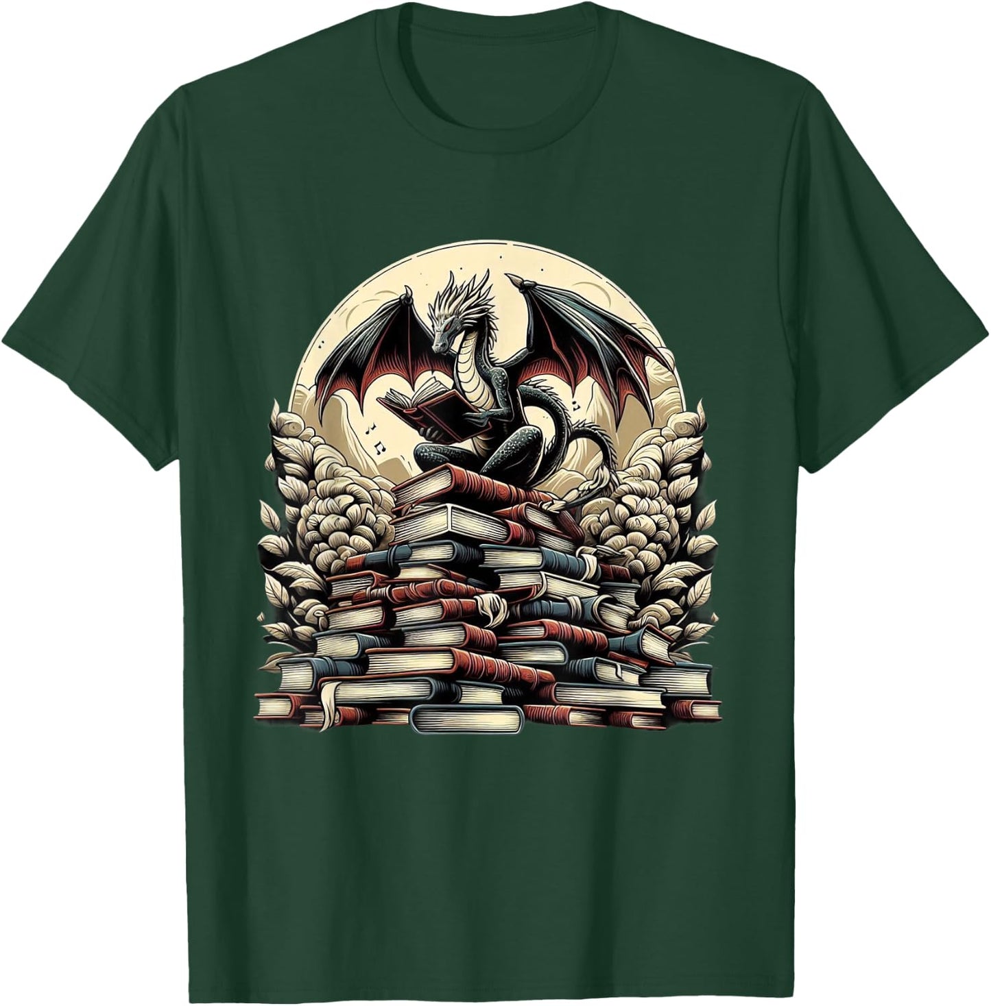 Dragon Reading a Book Dragons and Books Lover Bookworm T-Shirt - T-Shirt | Forest