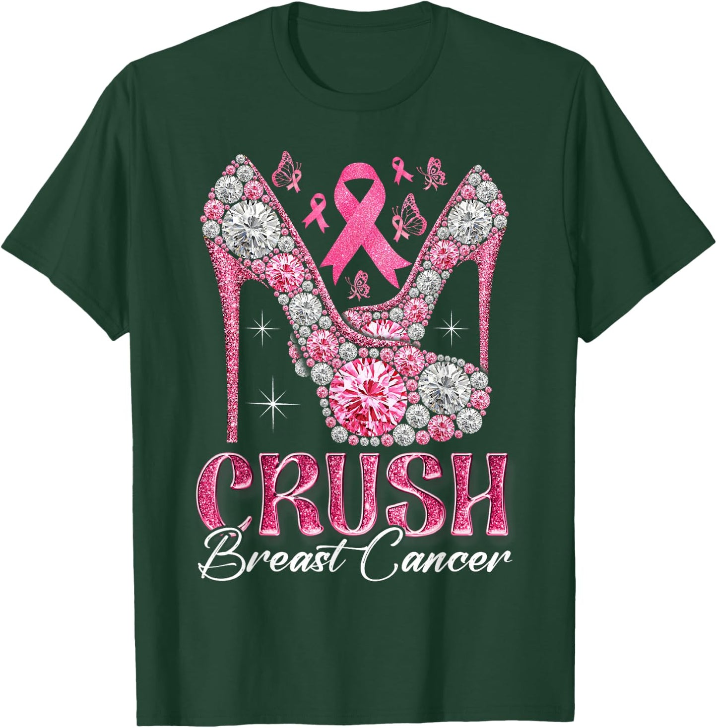 Crush Breast Cancer Awareness Bling Pink Ribbon High Heel T-Shirt - T-Shirt | Forest