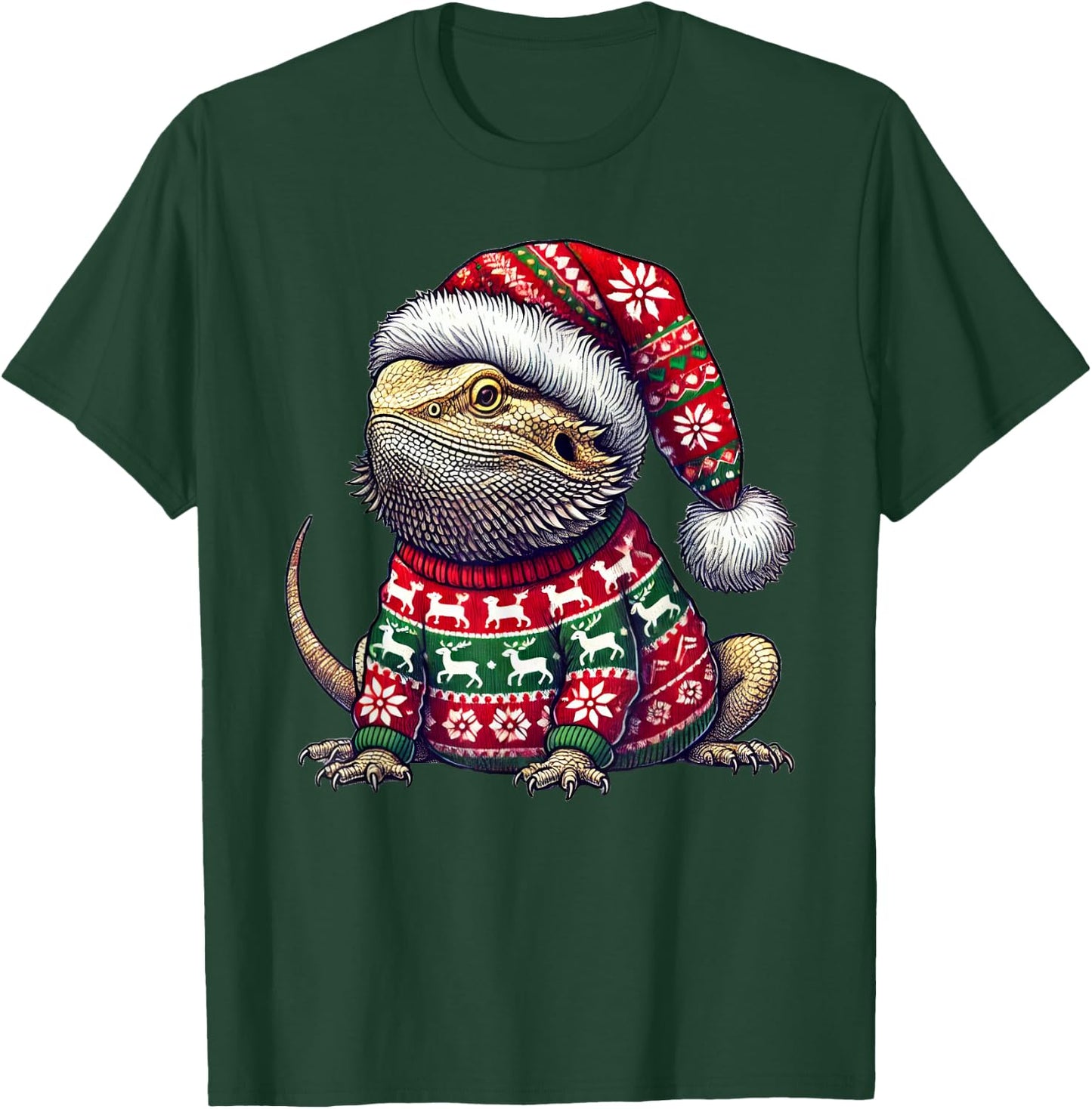 Bearded Dragon Ugly Sweater Santa Hat Christmas T-Shirt - T-Shirt | Forest