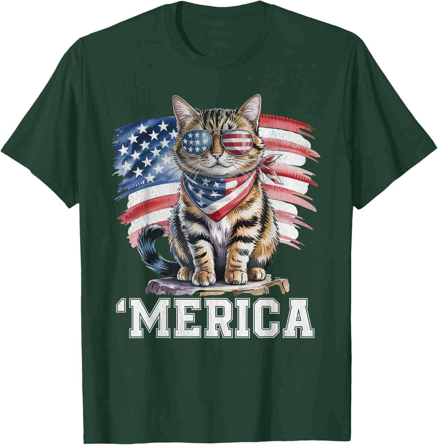 USA 'Merica Cat 4th of July Men Women Kids Funny Patriotic T-Shirt - T-Shirt | Forest