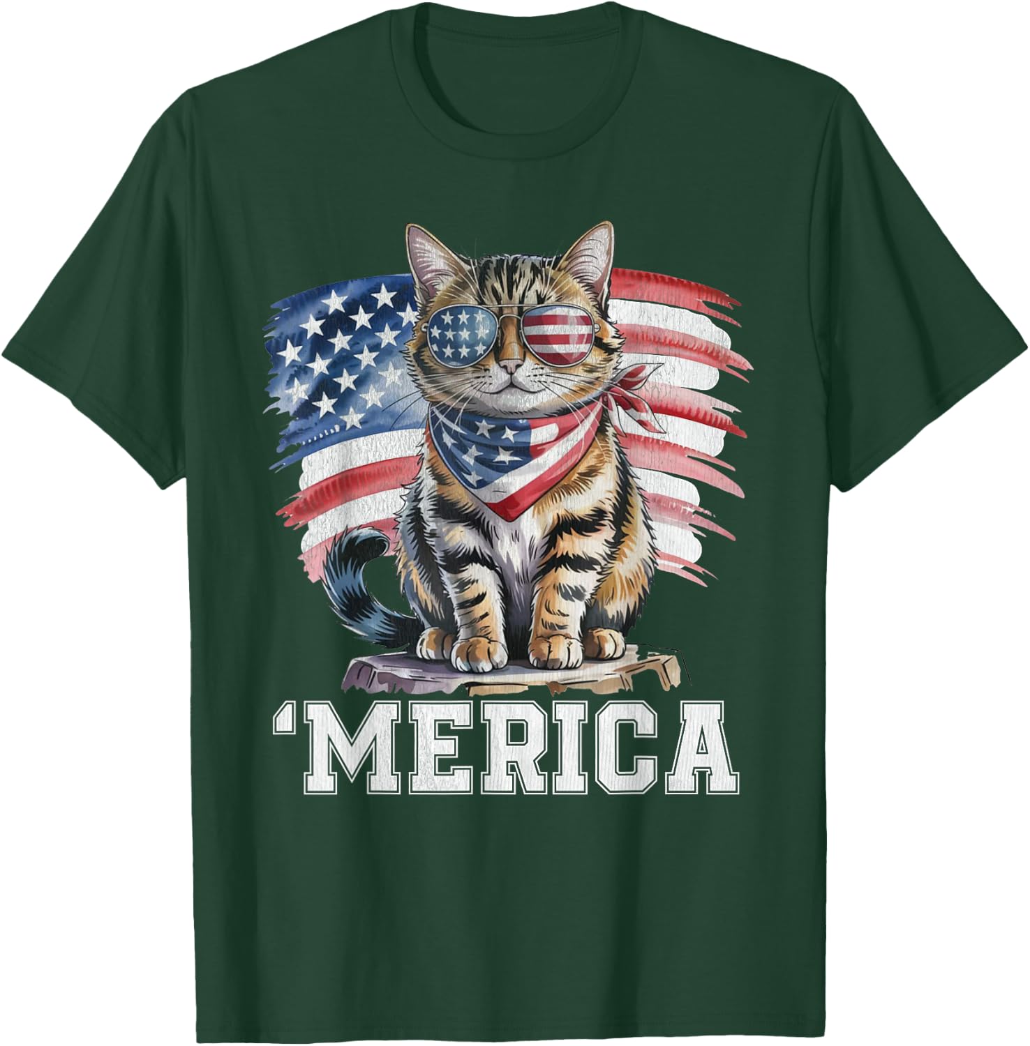 USA 'Merica Cat 4th of July Men Women Kids Funny Patriotic T-Shirt - T-Shirt | Forest