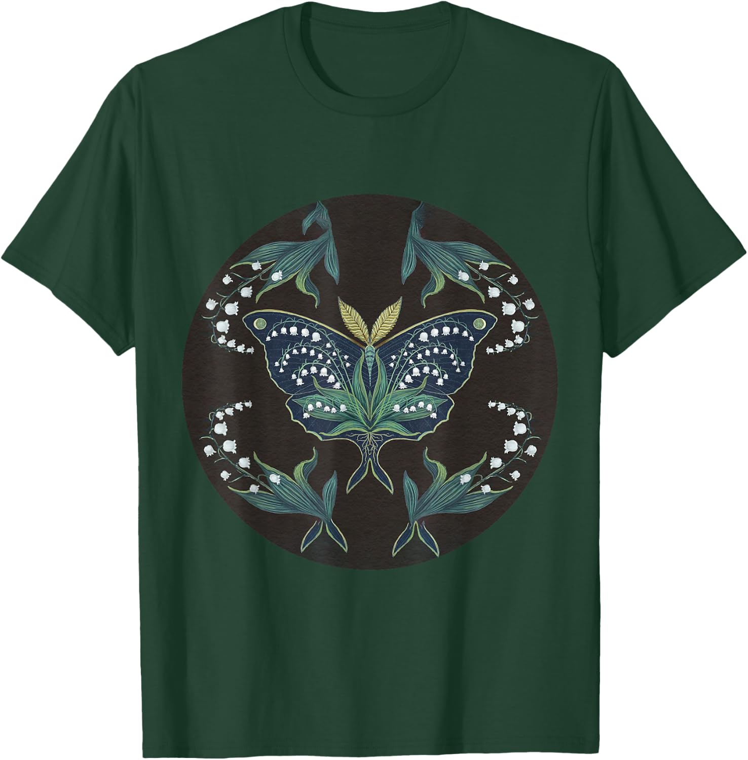 Great Peacock Moth Kawaii Insect Lily Of Valley Garden T-Shirt - T-Shirt | Forest