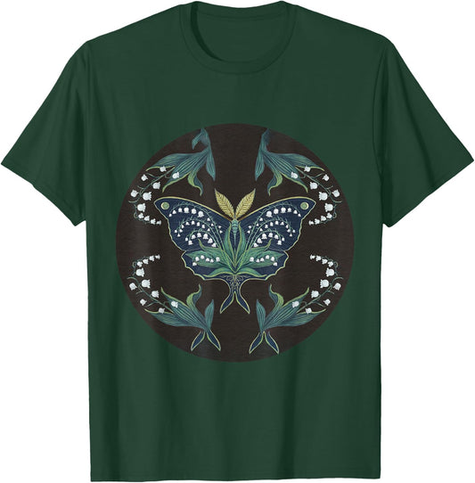 Great Peacock Moth Kawaii Insect Lily Of Valley Garden T-Shirt - T-Shirt | Forest
