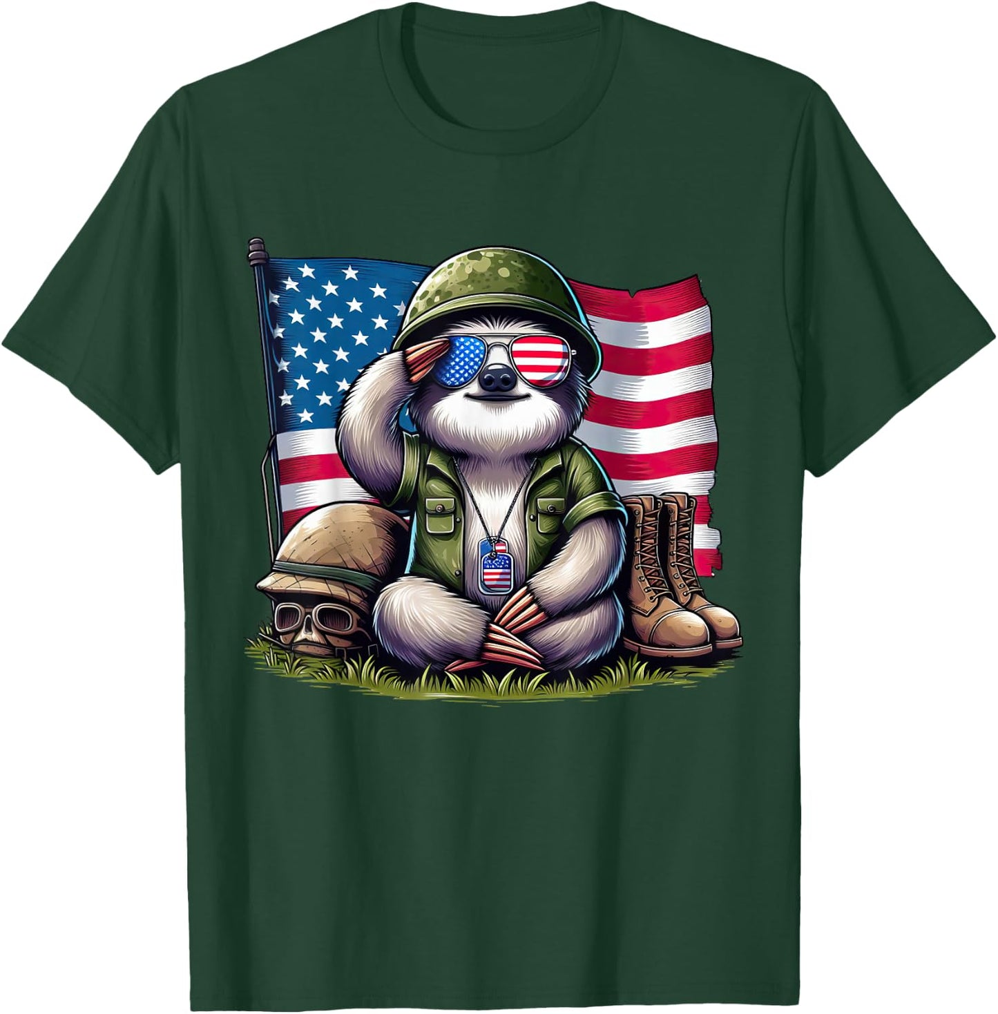 Salute Sloth American USA Flag Memorial Day 4th of July T-Shirt - T-Shirt | Forest