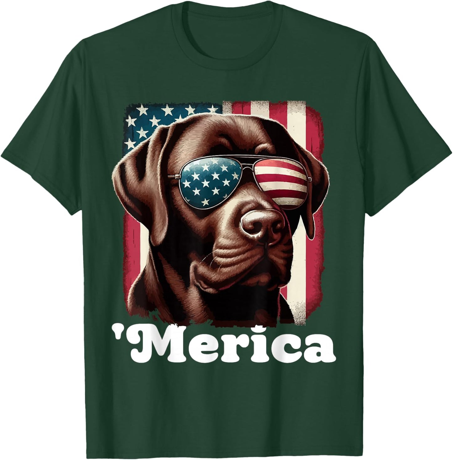 Merica Chocolate Lab Flag USA Patriotic 4th of July Labrador T-Shirt - T-Shirt | Forest