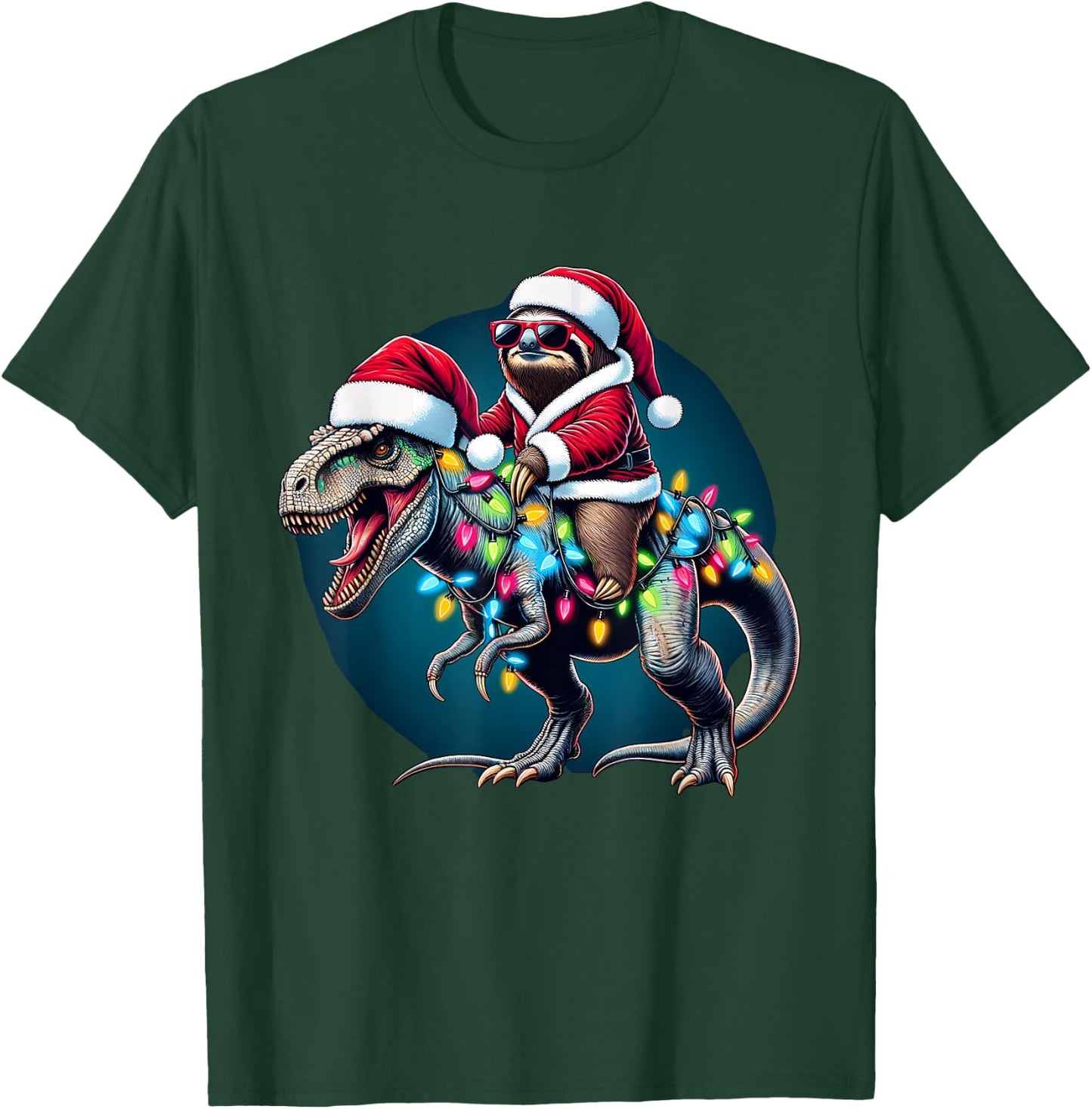 Christmas Lights Sloth Riding T Rex T-Shirt - T-Shirt | Forest