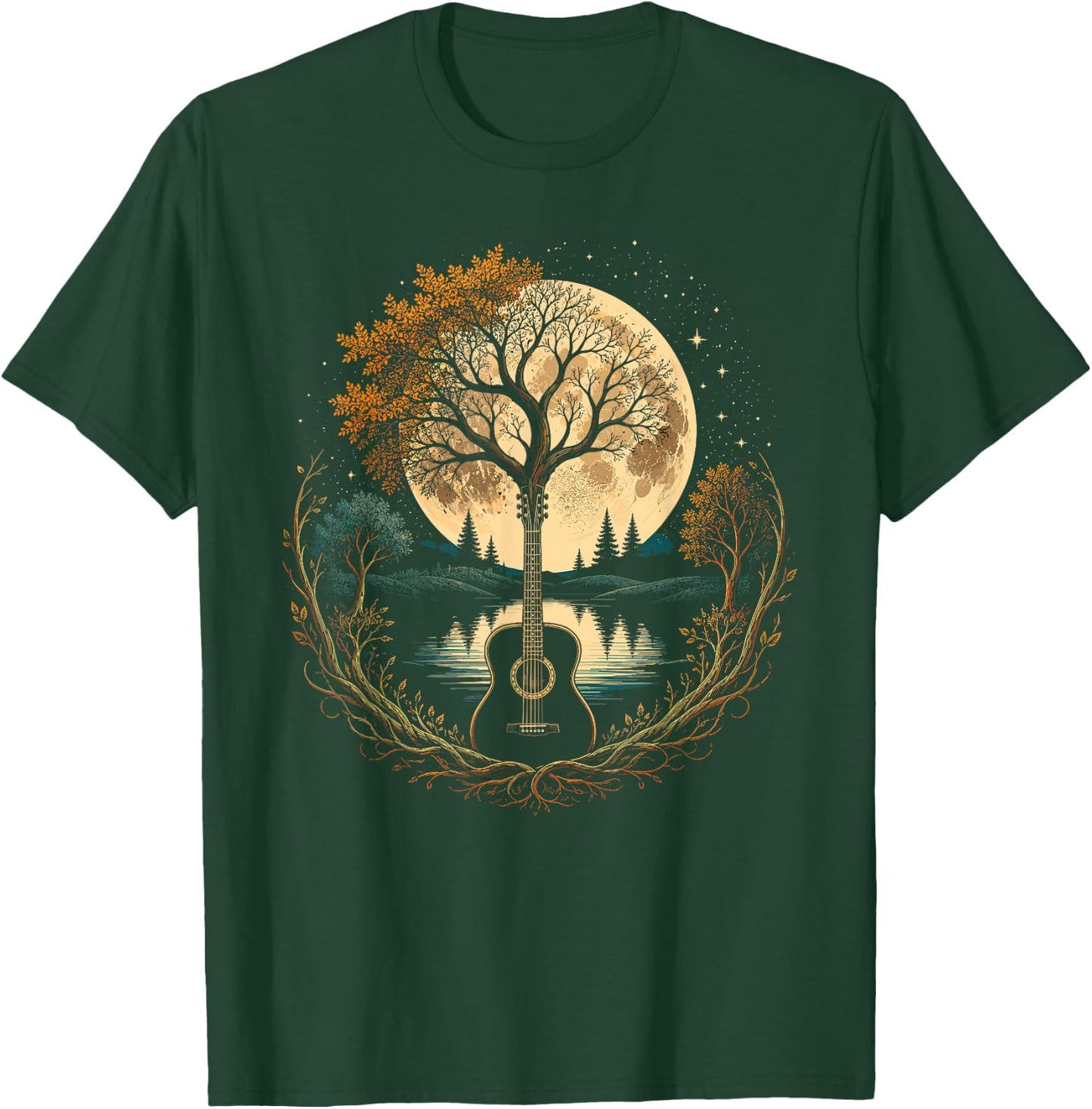 Acoustic Guitar Tree By The Lake Autumn Moon T-Shirt - T-Shirt | Forest