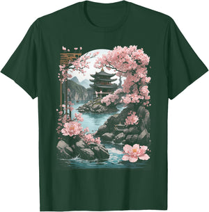 Japanese Chinese Temple Sakura Cherry Blossom Landscape , black T-Shirt - T-Shirt | Forest