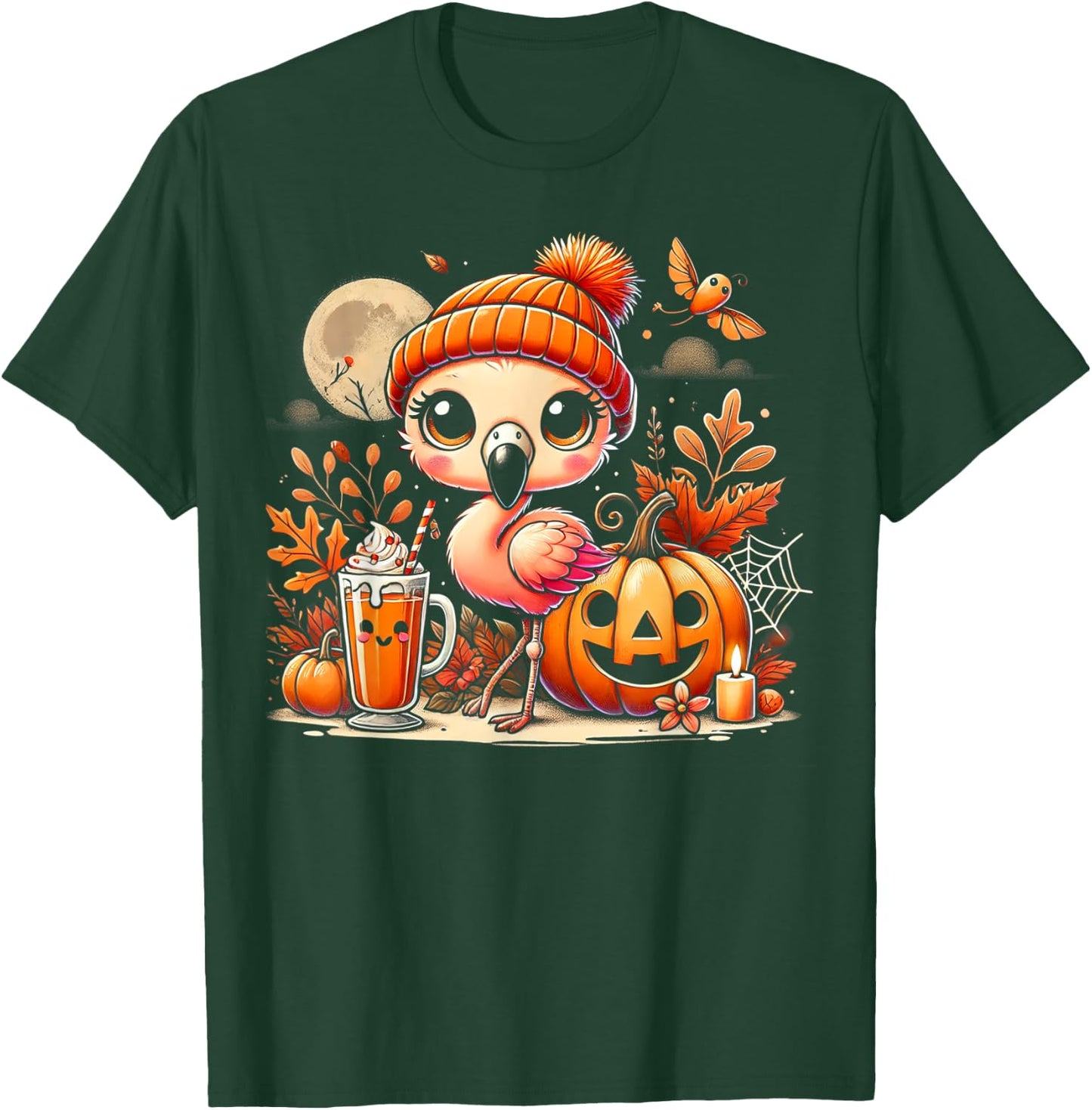 Cute flamingo in Autumn with Pumpkin Drink T-Shirt - T-Shirt | Forest