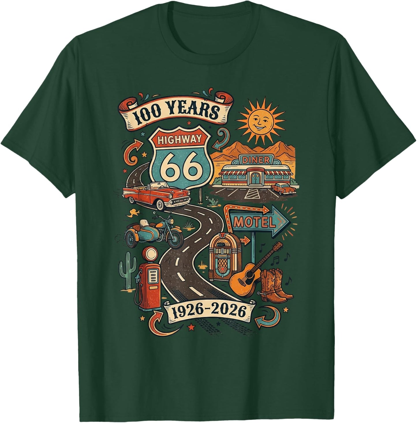 Highway 66 100 Years Centennial 1926-2026 Road Trip Vintage T-Shirt - T-Shirt | Forest