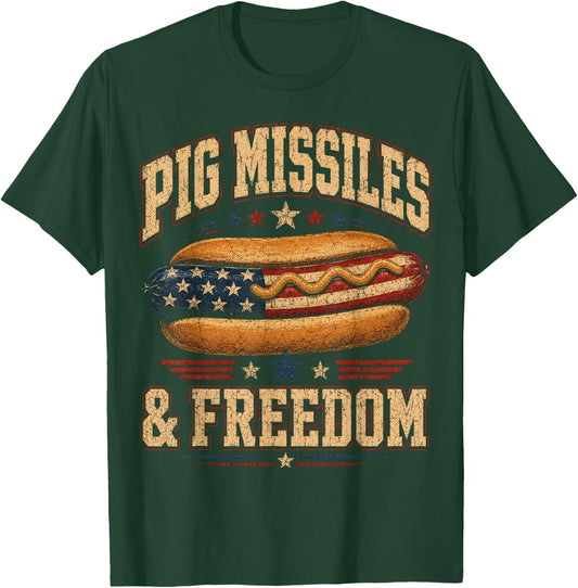 Funny Hotdog Pig Missiles Freedom 4th of July BBQ Patriotic T-Shirt - T-Shirt | Forest
