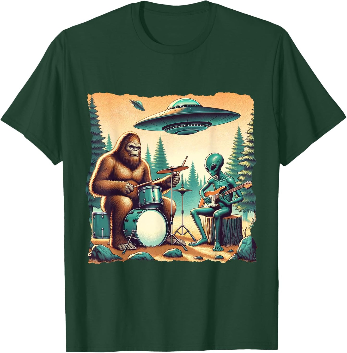 Funny UFO Alien and bigfoot lovers Bigfoot With Drums And Alien Playing Electric Guitar - -Adults, -Kids - Black - Small - Short Sleeve T-Shirt - T-Shirt | Forest
