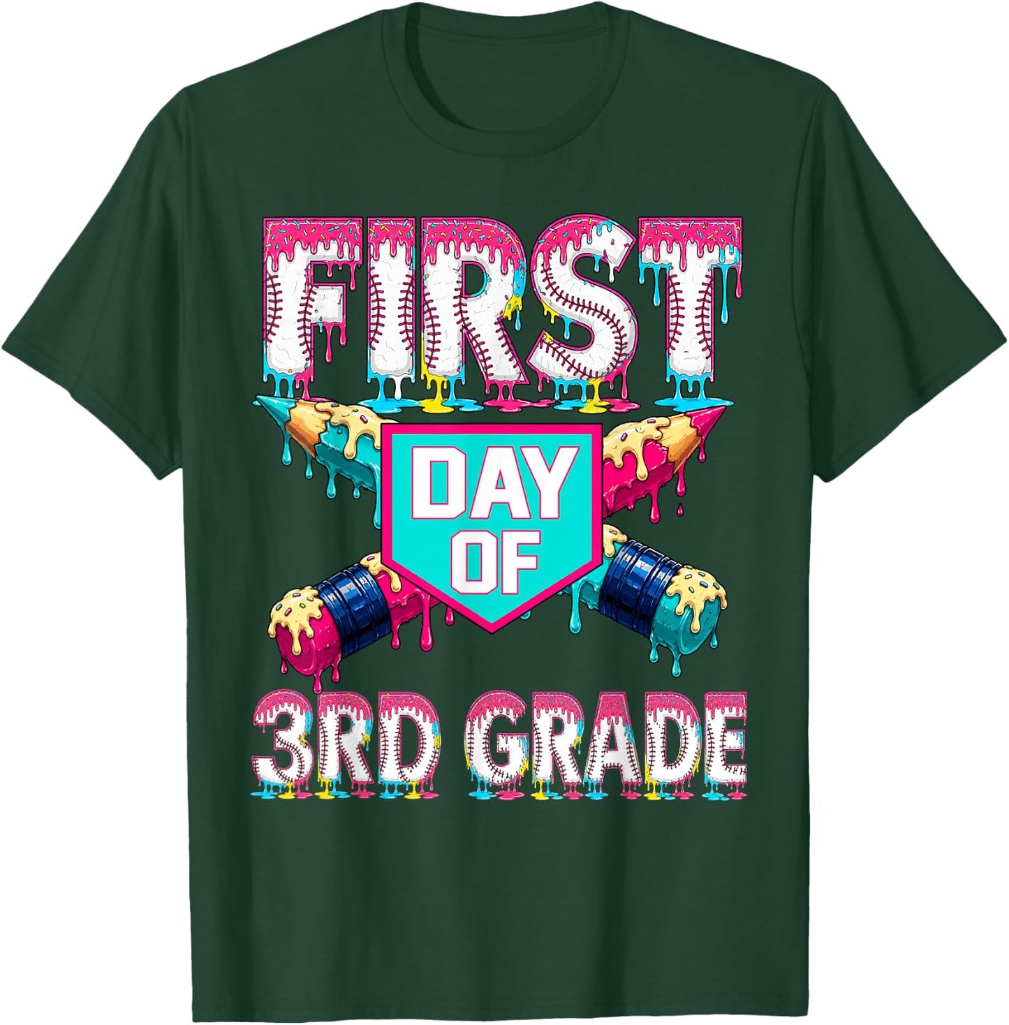First Day School 3rd Grade Third Drip Baseball Teacher Boy T-Shirt - T-Shirt | Forest