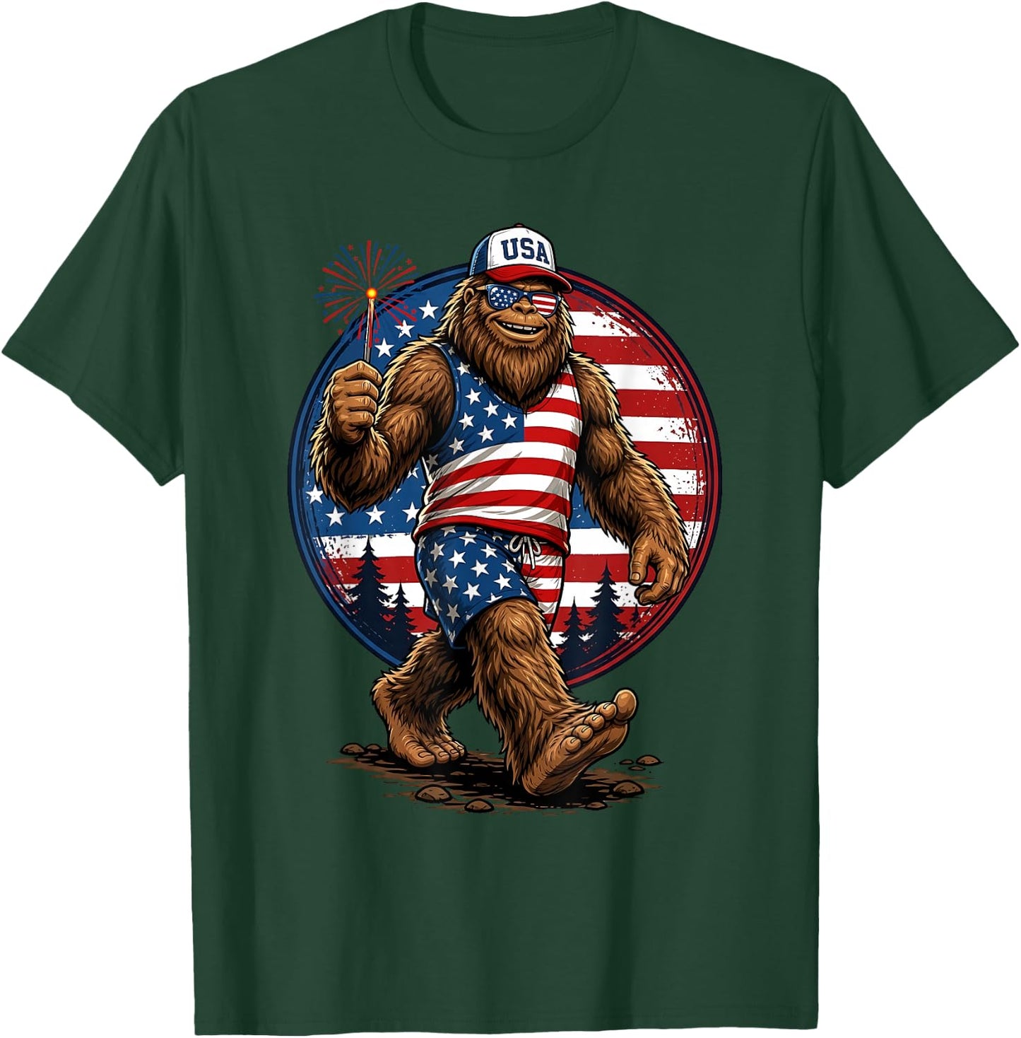Funny Bigfoot Fireworks 4th of July Patriotic Men Boys T-Shirt - T-Shirt | Forest