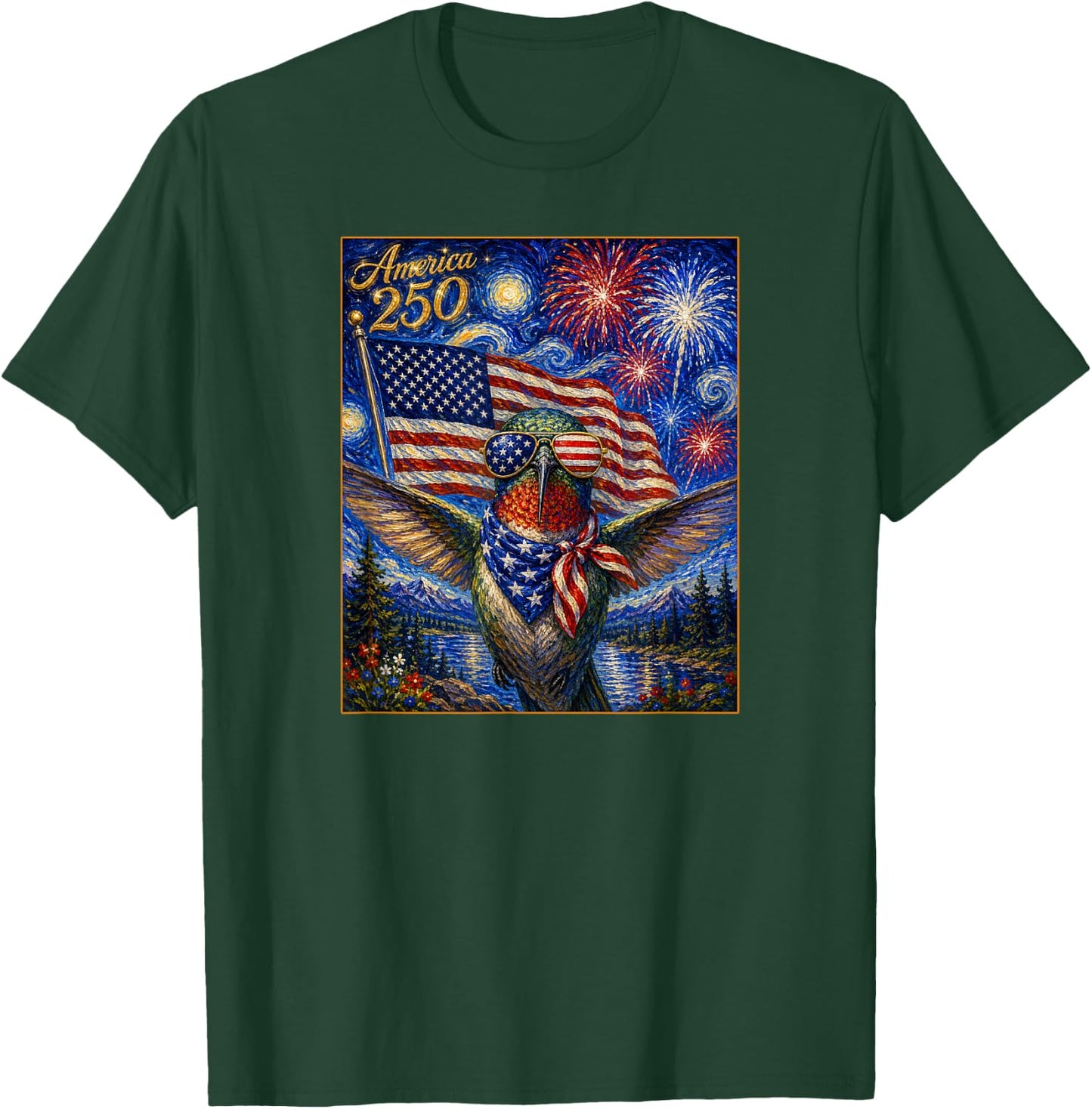 Hummingbird Art on America 250 4th of July USA Flag Bird T-Shirt - T-Shirt | Forest