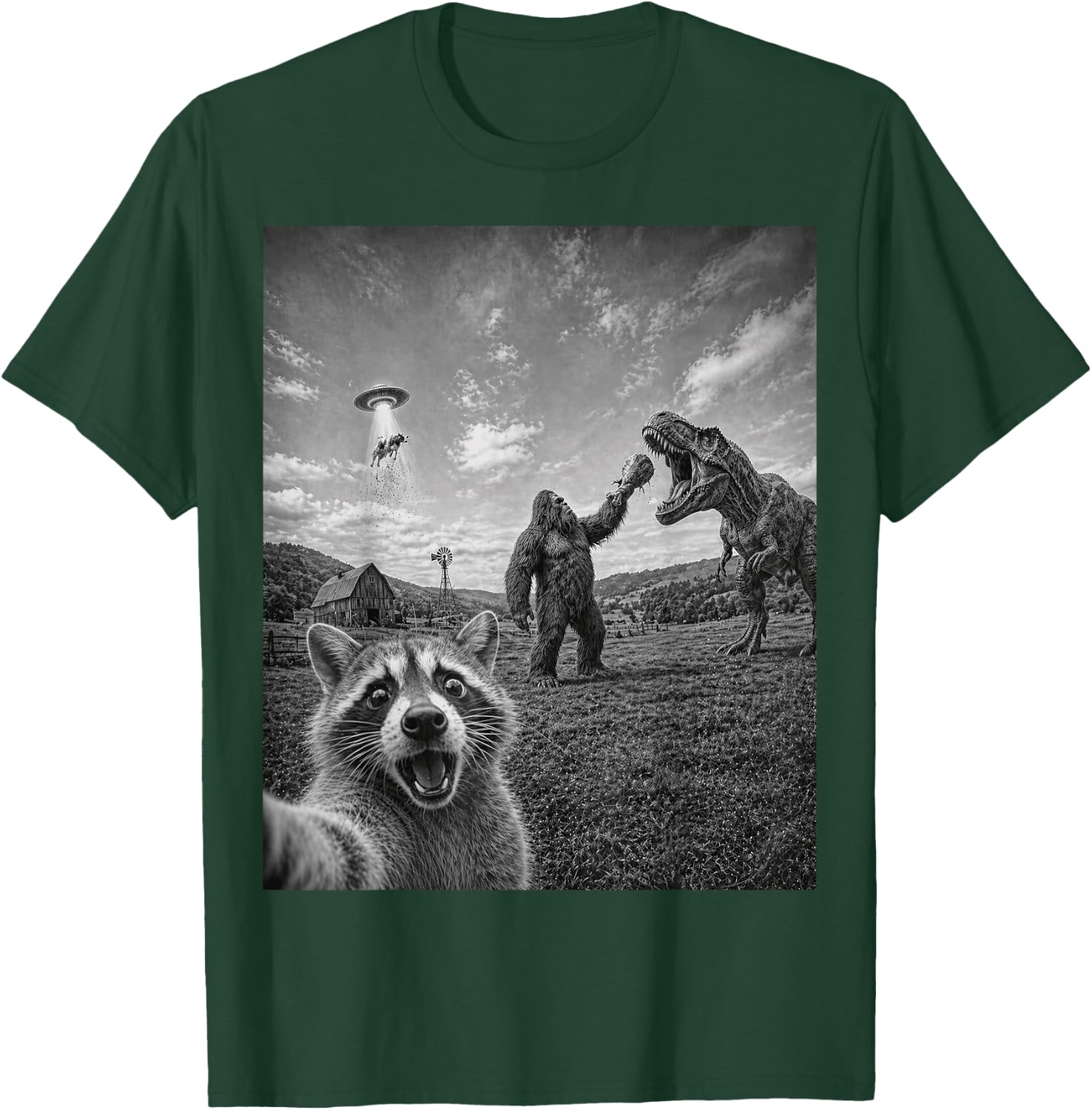 Funny Raccoon Selfie with Bigfoot T Rex Dinosaur and UFO T-Shirt - T-Shirt | Forest