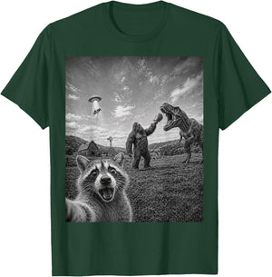 Funny Raccoon Selfie with Bigfoot T Rex Dinosaur and UFO T-Shirt - T-Shirt | Forest