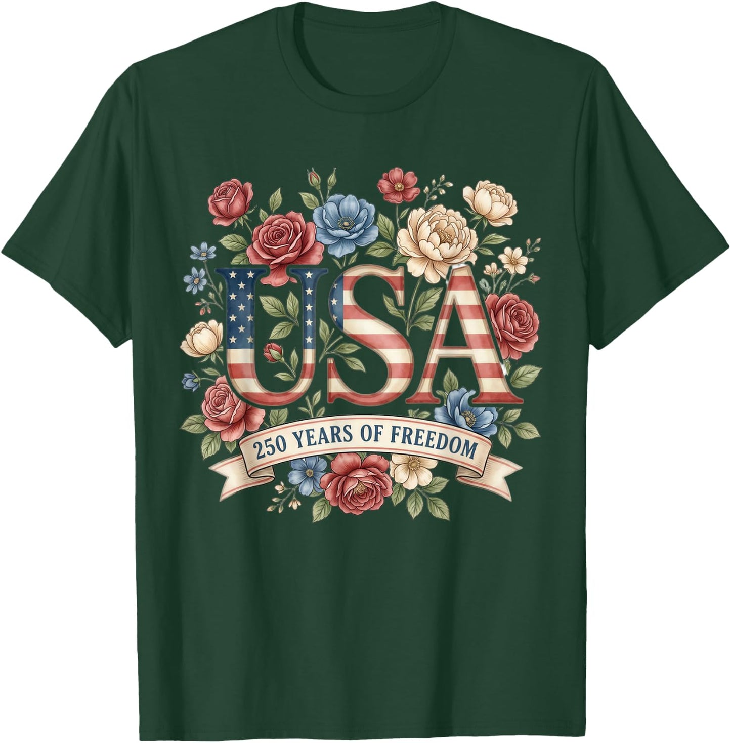 250 Years America Anniversary Flowers USA 250th Birthday T-Shirt - T-Shirt | Forest
