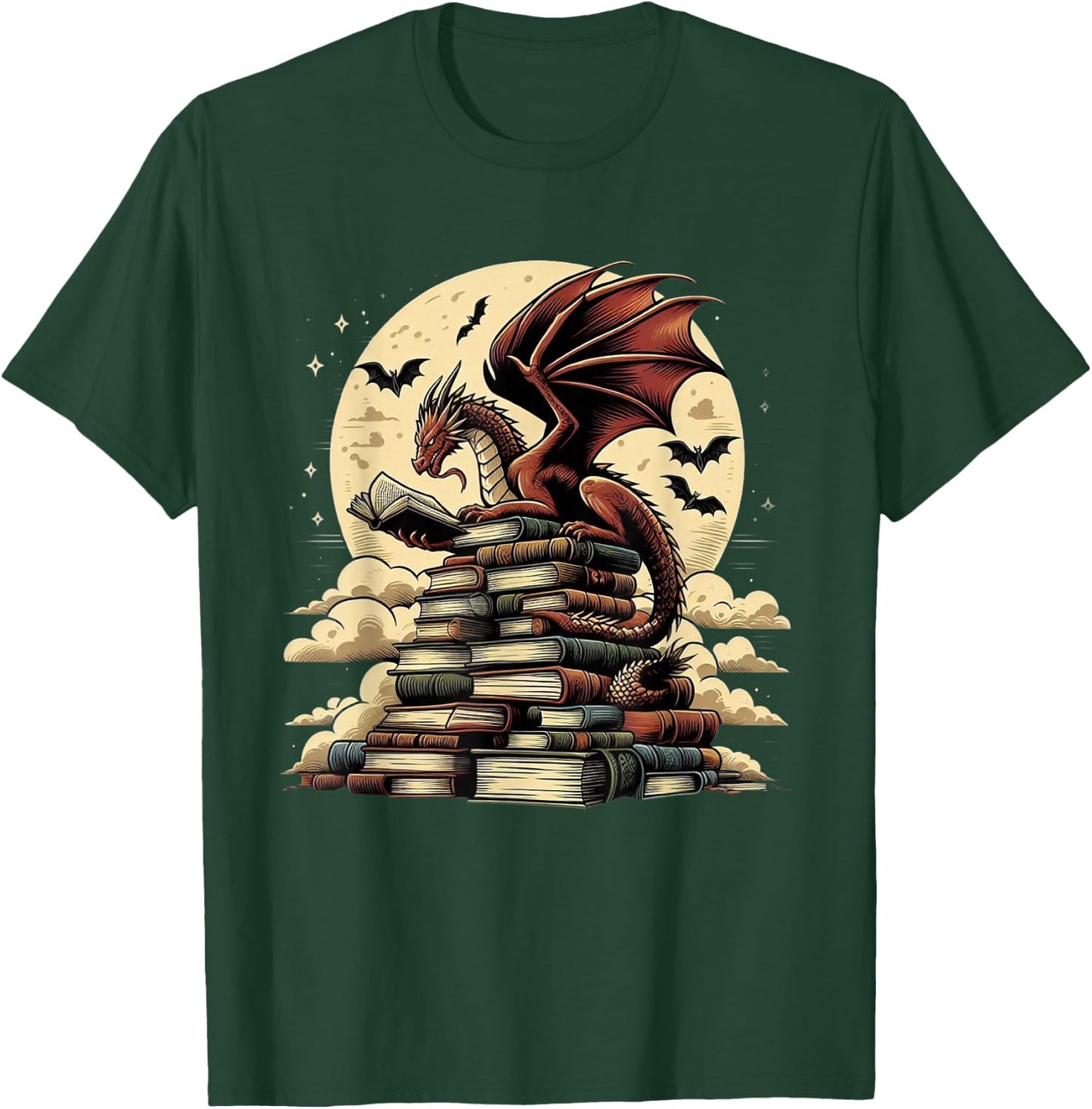 Dragon Reading a Book Dragons and Books Lover Bookworm T-Shirt - T-Shirt | Forest