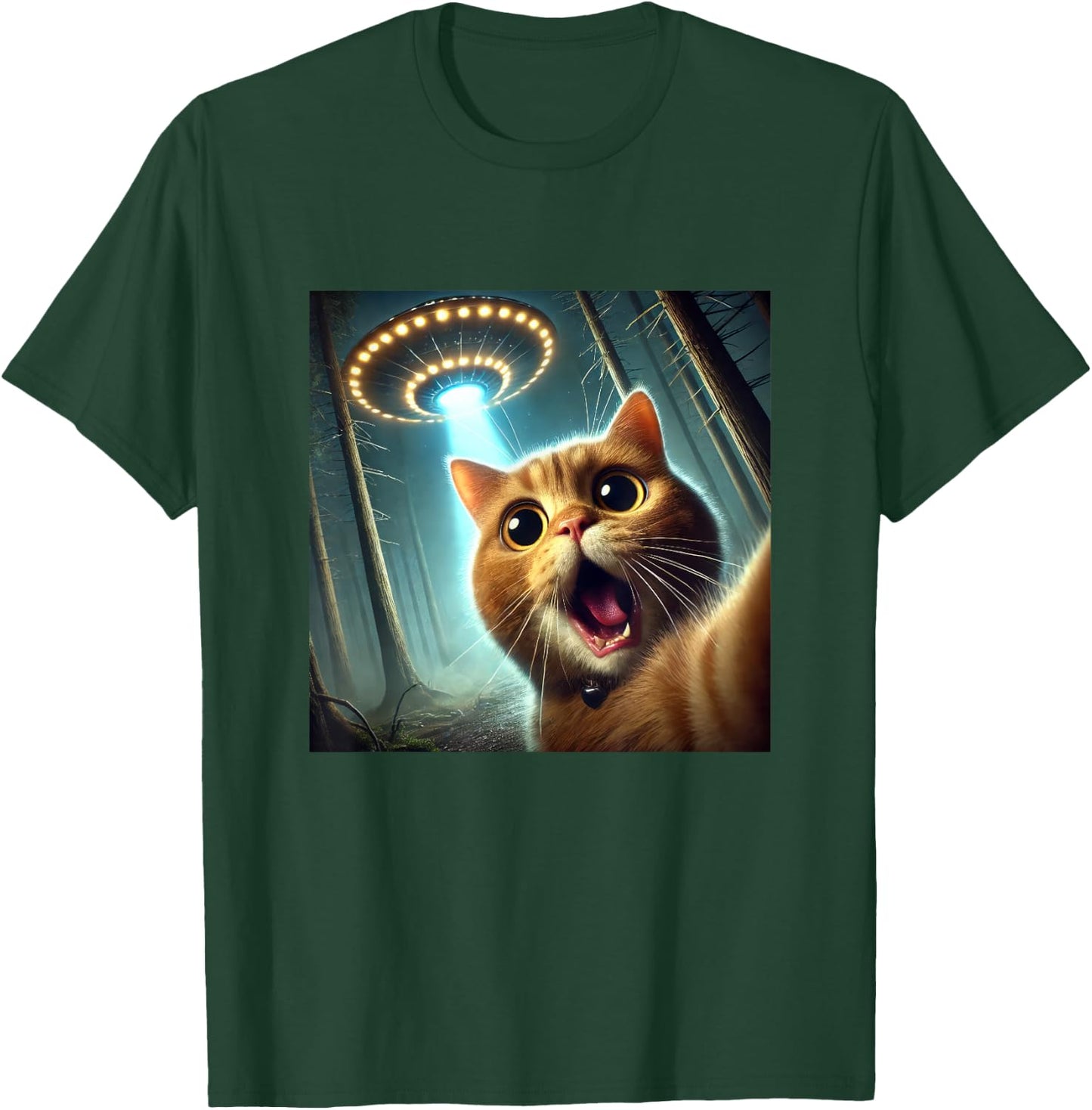 Cat Selfie With UFO Funny Alien UFO T-Shirt - T-Shirt | Forest