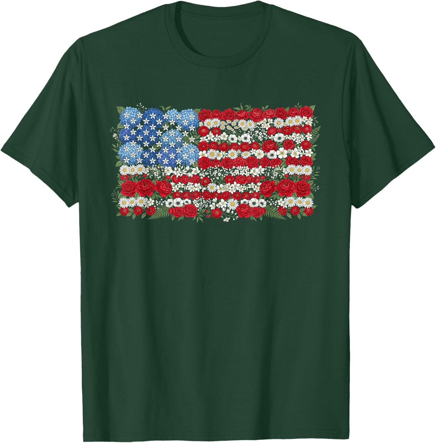 USA Floral American Flag Flower 4th of July T-Shirt - T-Shirt | Forest
