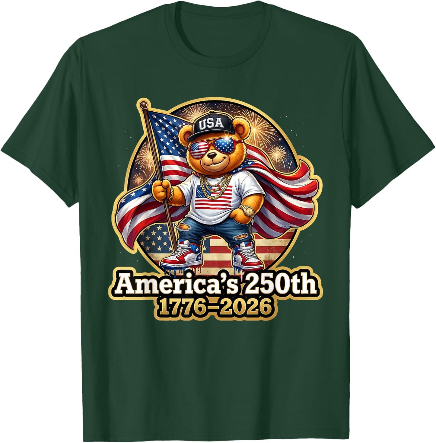 Stylish Teddy Bear America's 250th Anniversary 1776 2026 T-Shirt - T-Shirt | Forest