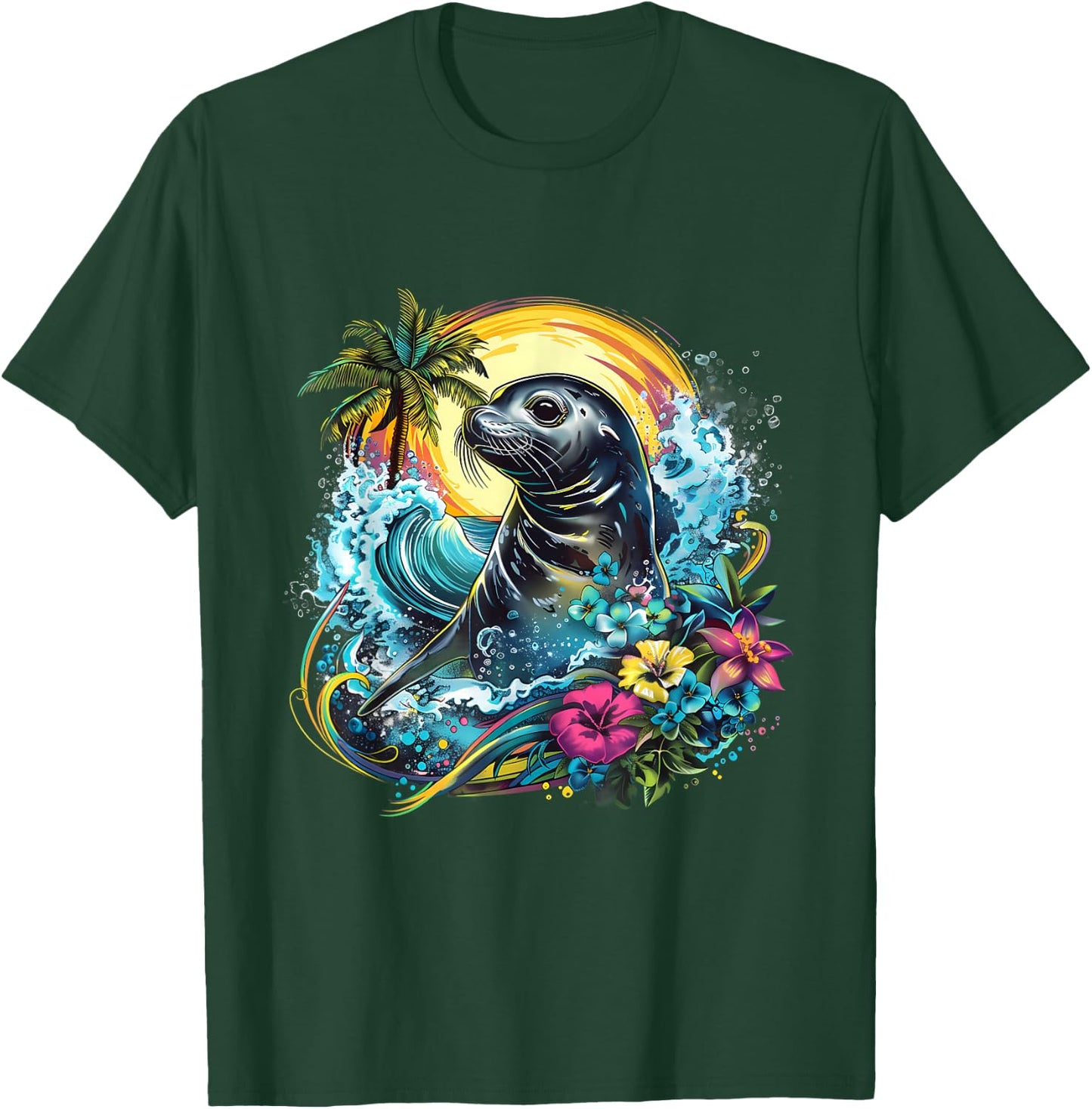 Seal Floral Marine Mammal Motif Seal Lover Ocean Sea Animal T-Shirt - T-Shirt | Forest
