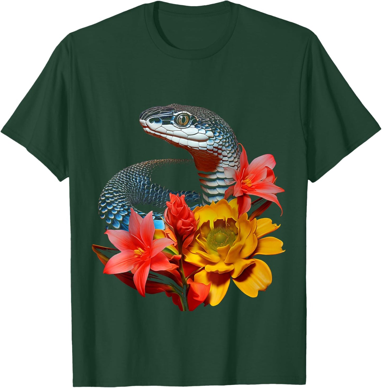 Snake Love Flowers Animal Portrait Art Graphic Snake T-Shirt - T-Shirt | Forest