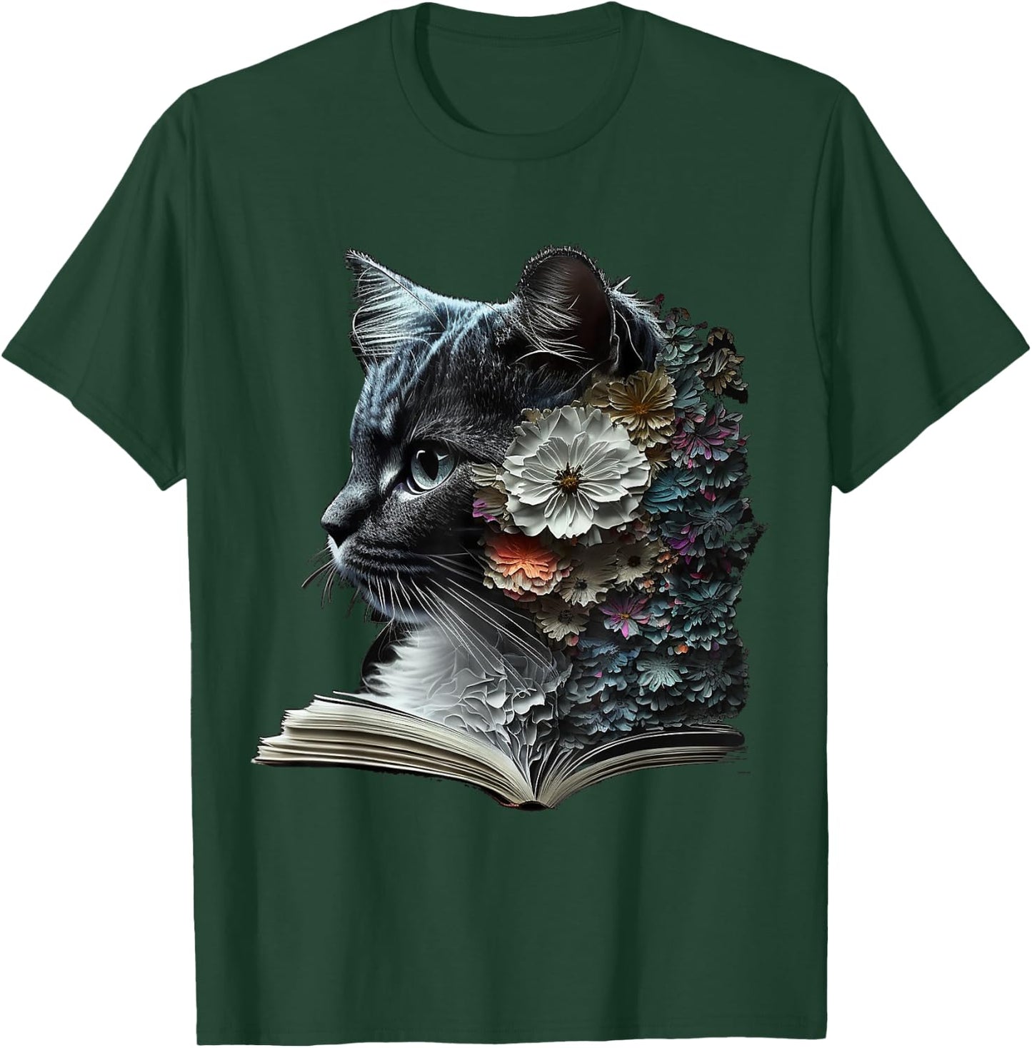 Cat Art Book Cat Motif Flowers Cat , black T-Shirt - T-Shirt | Forest