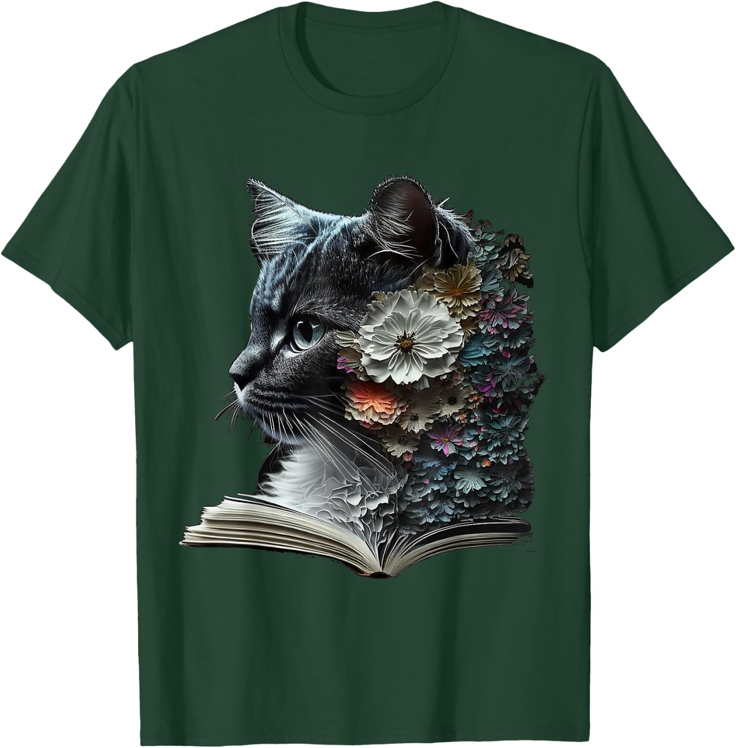Cat Art Book Cat Motif Flowers Cat , black T-Shirt - T-Shirt | Forest