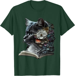 Cat Art Book Cat Motif Flowers Cat , black T-Shirt - T-Shirt | Forest