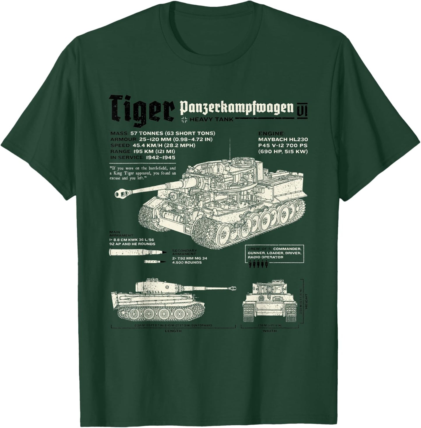 Tiger Tank Panzer World War 2 Blueprint T-Shirt - T-Shirt | Forest