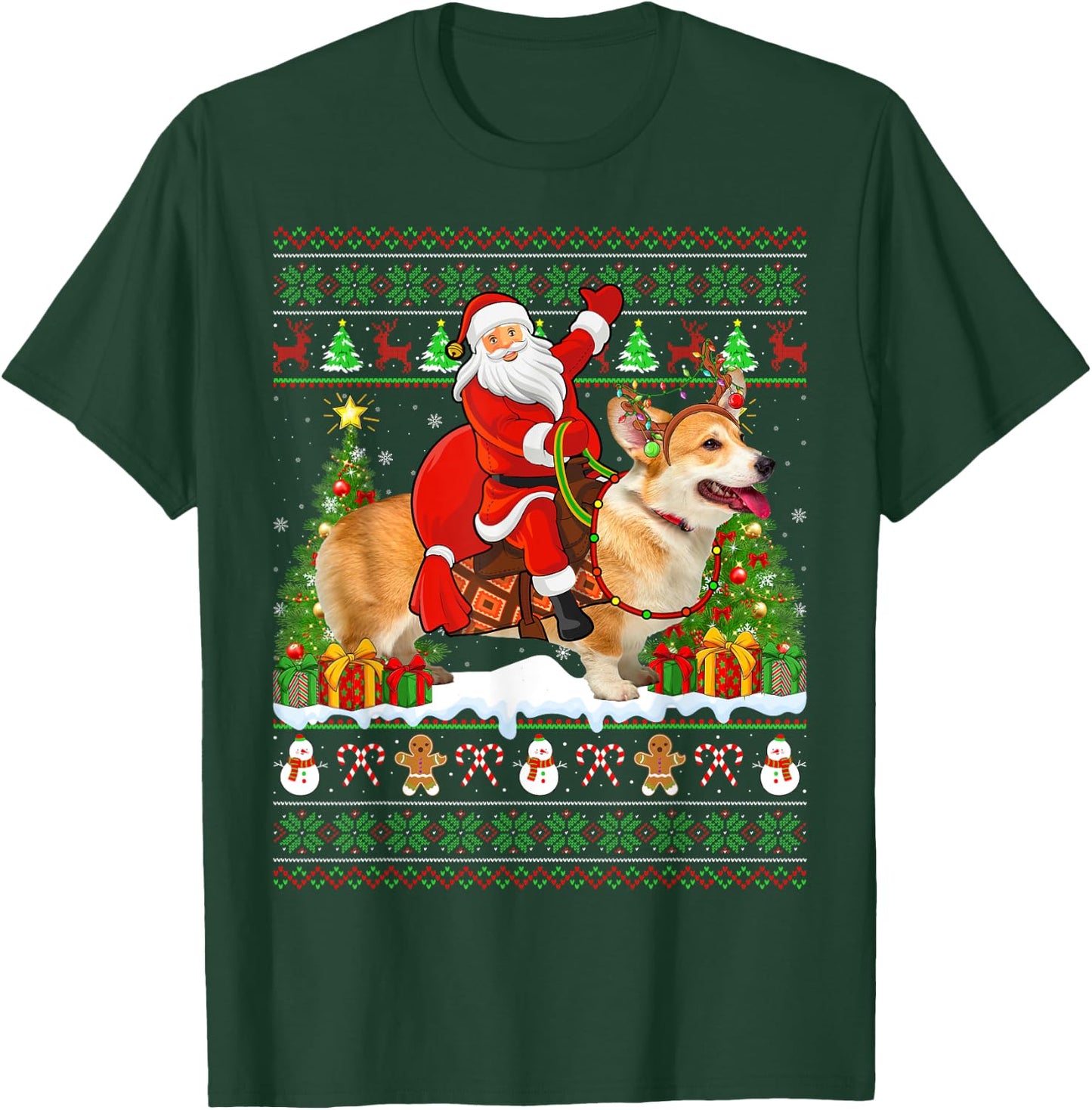 Corgi Dog Lover Funny Ugly Santa Riding Corgi Christmas T-Shirt - T-Shirt | Forest