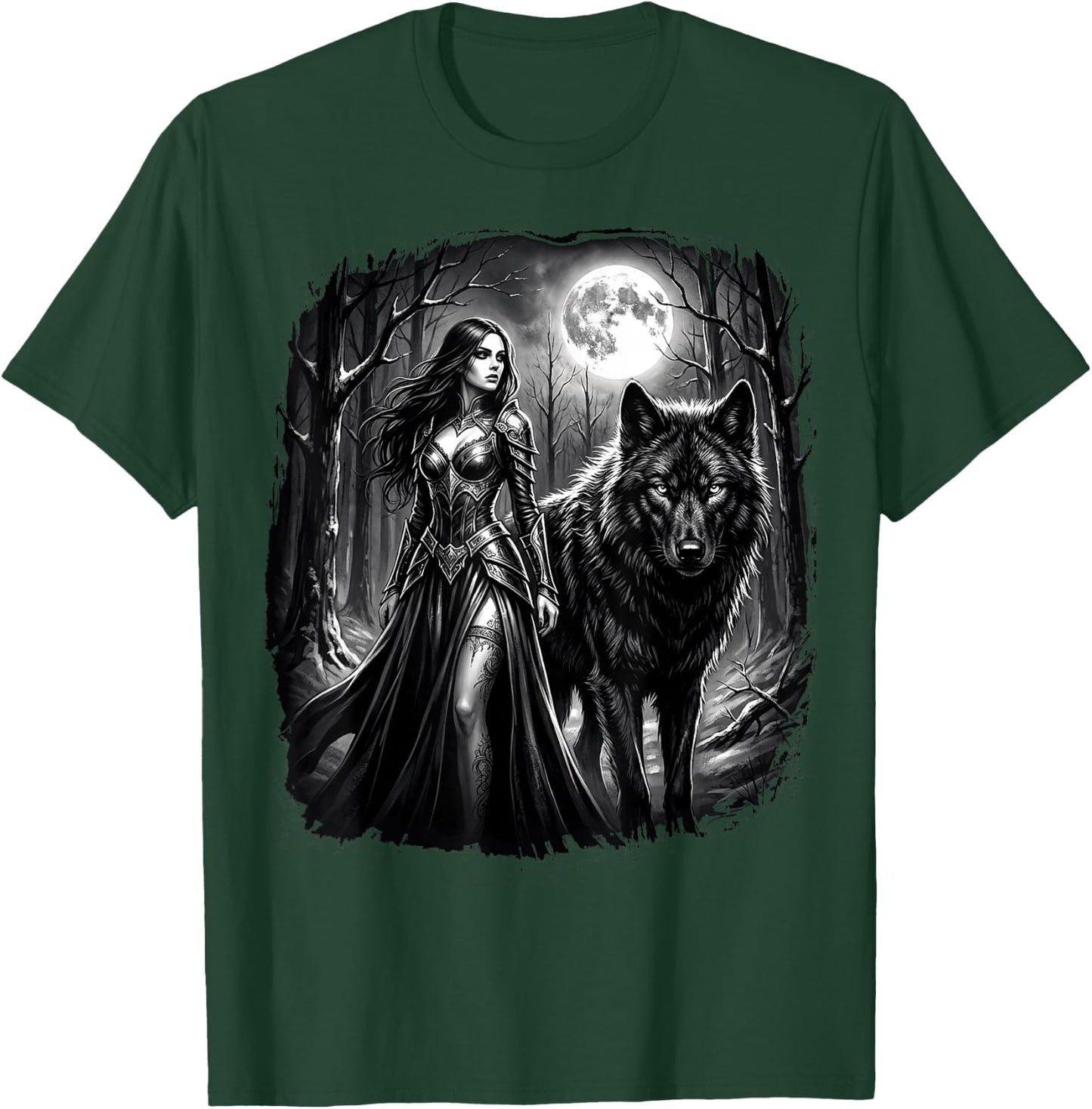 Fantasy Kriegerin Wolf Vollmond Gothic Motiv T-Shirt - T-Shirt | Forest