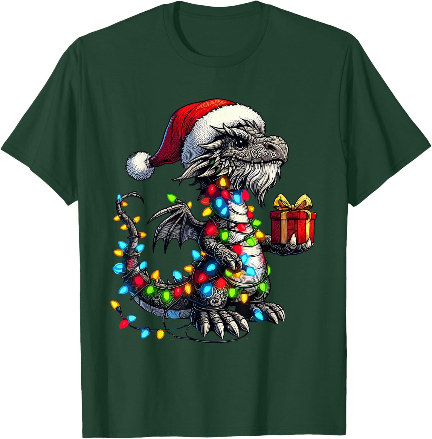 Dragon Wearing Santa Claus Hat Holding A Present Box Xmas T-Shirt - T-Shirt | Forest