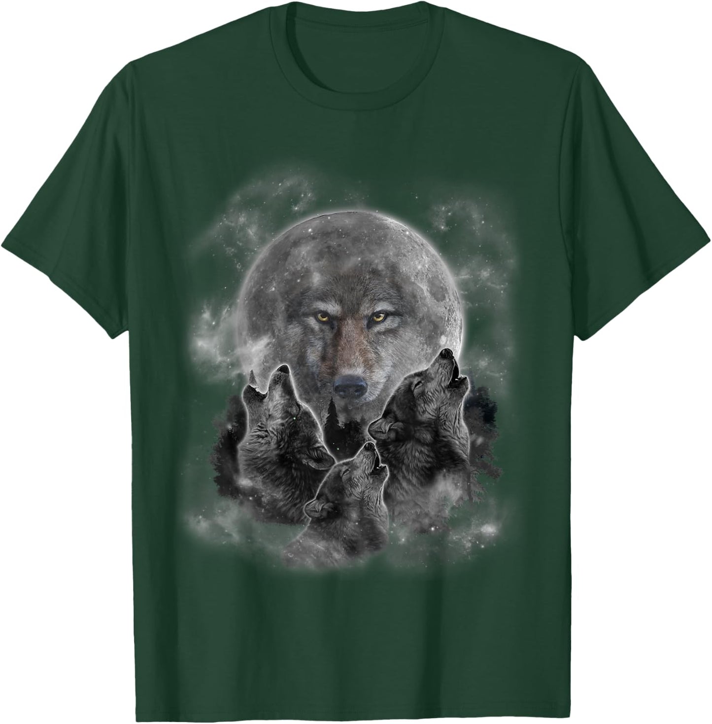 Three Wolves Howling, Full Moon w Wolf Silhouette T-Shirt - T-Shirt | Forest
