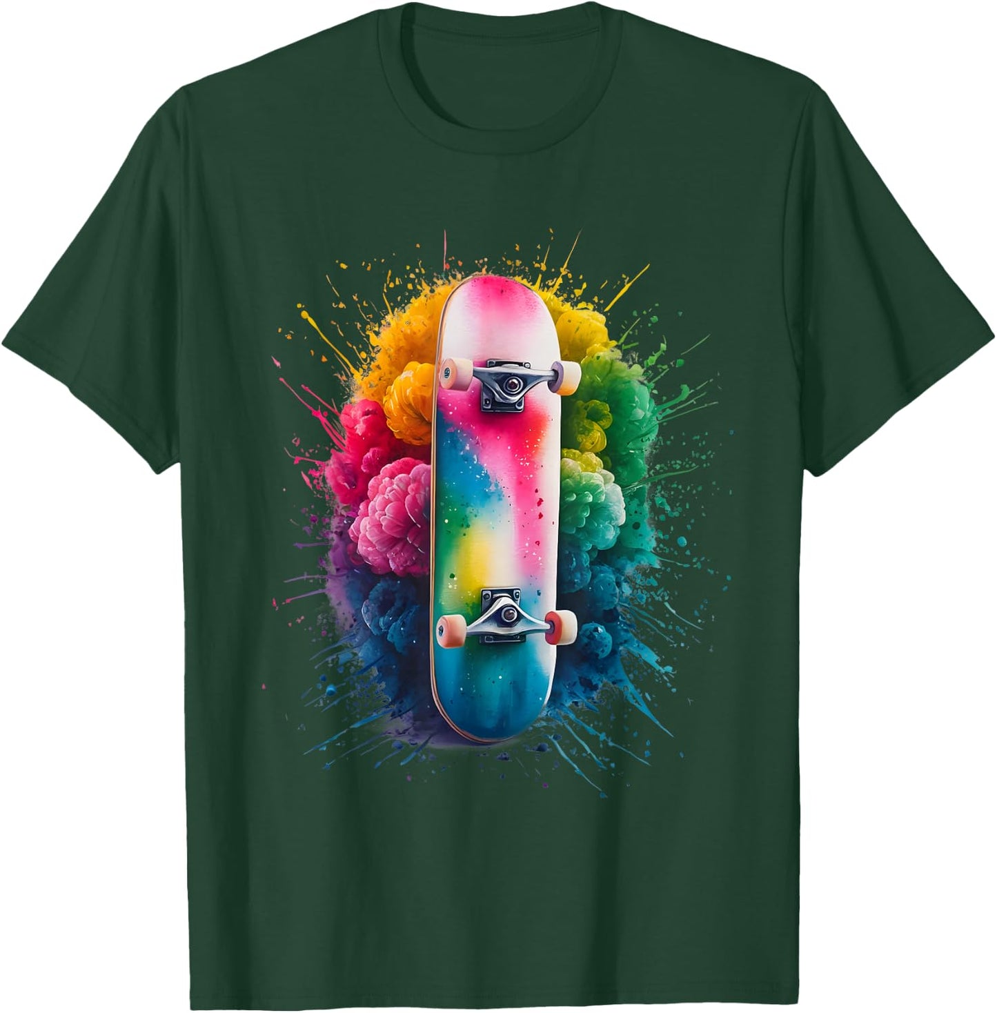 Skater Men's Women's Colourful Watercolour Skateboarding , black T-Shirt - T-Shirt | Forest