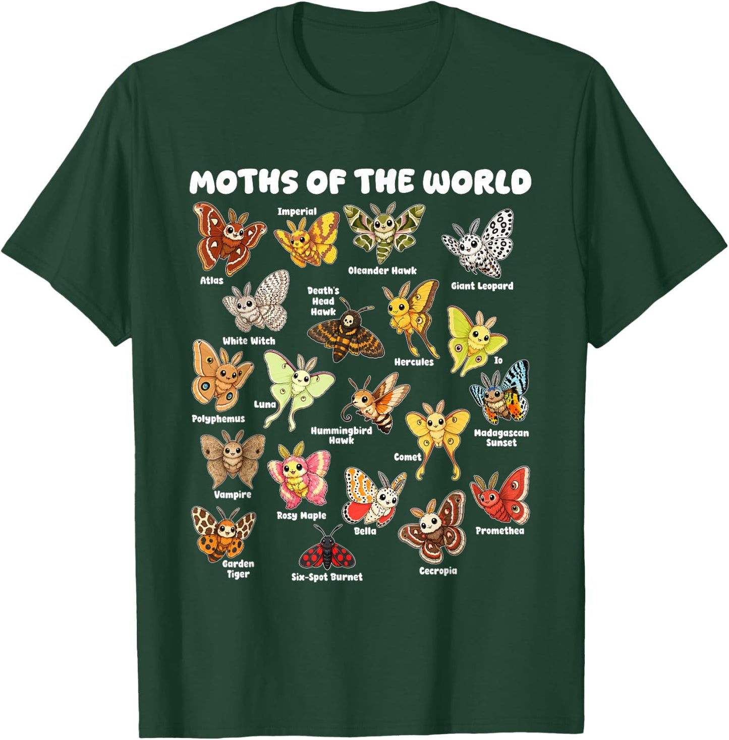 Moths of the World Kawaii Chart Entomology T-Shirt - T-Shirt | Forest