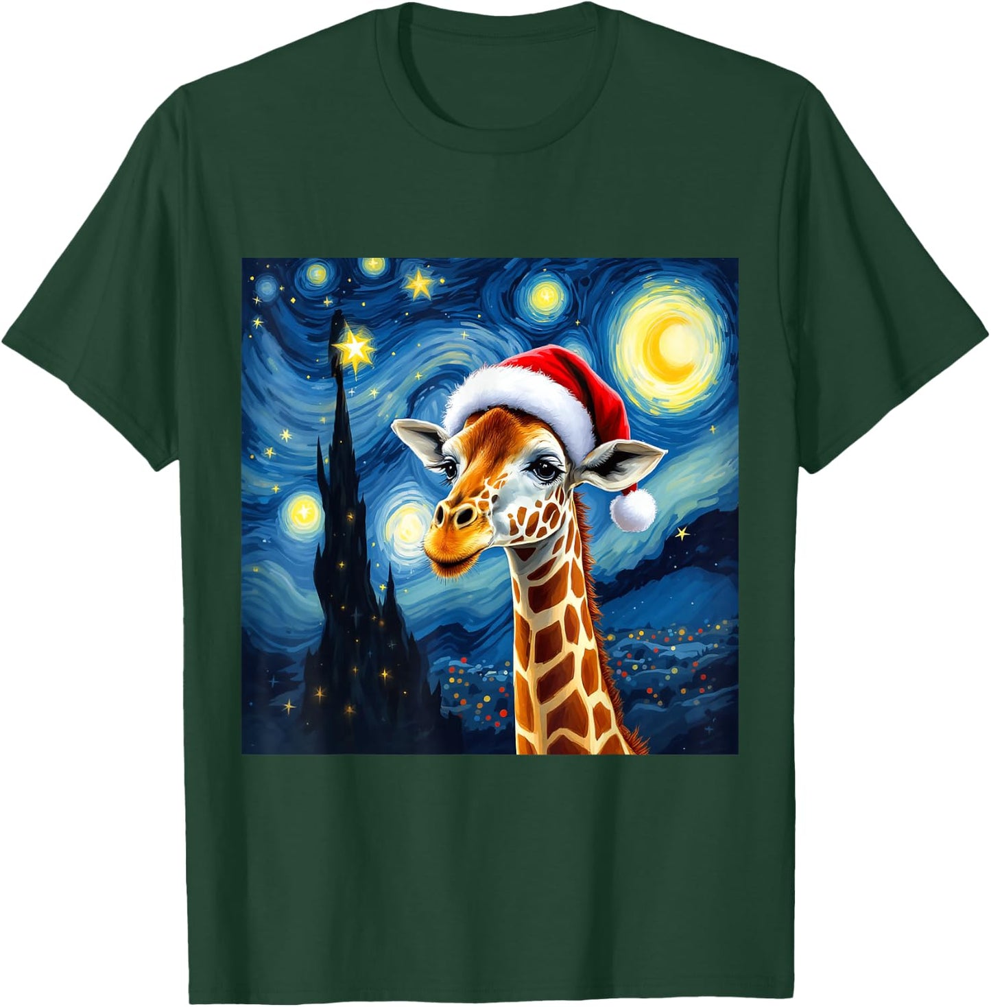 Christmas Giraffe Santa Hat Van Gogh Starry Night Holiday T-Shirt - T-Shirt | Forest