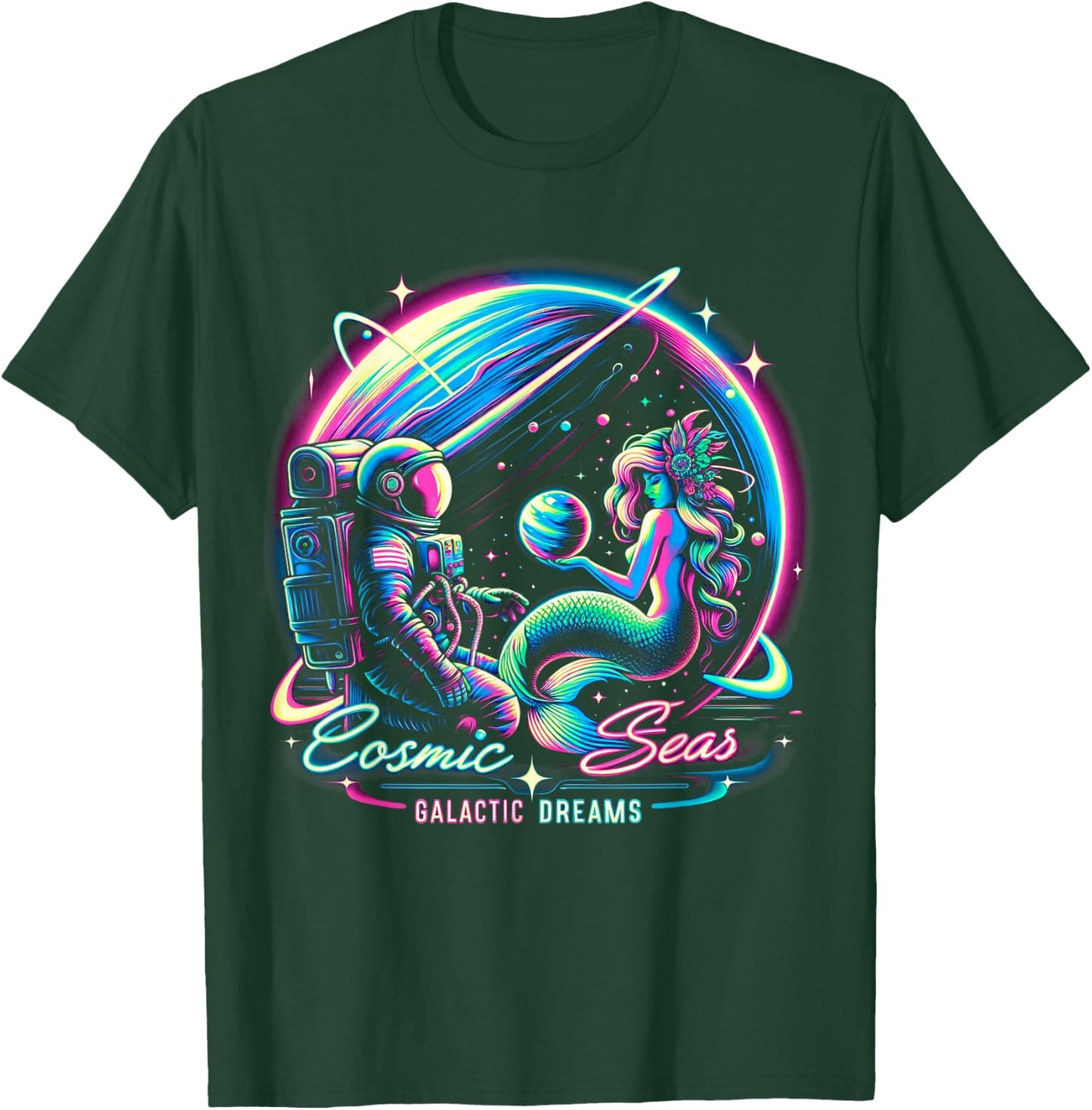 Cosmic Encounter - Astronaut Meets Space Mermaid Psychedelic T-Shirt - T-Shirt | Forest