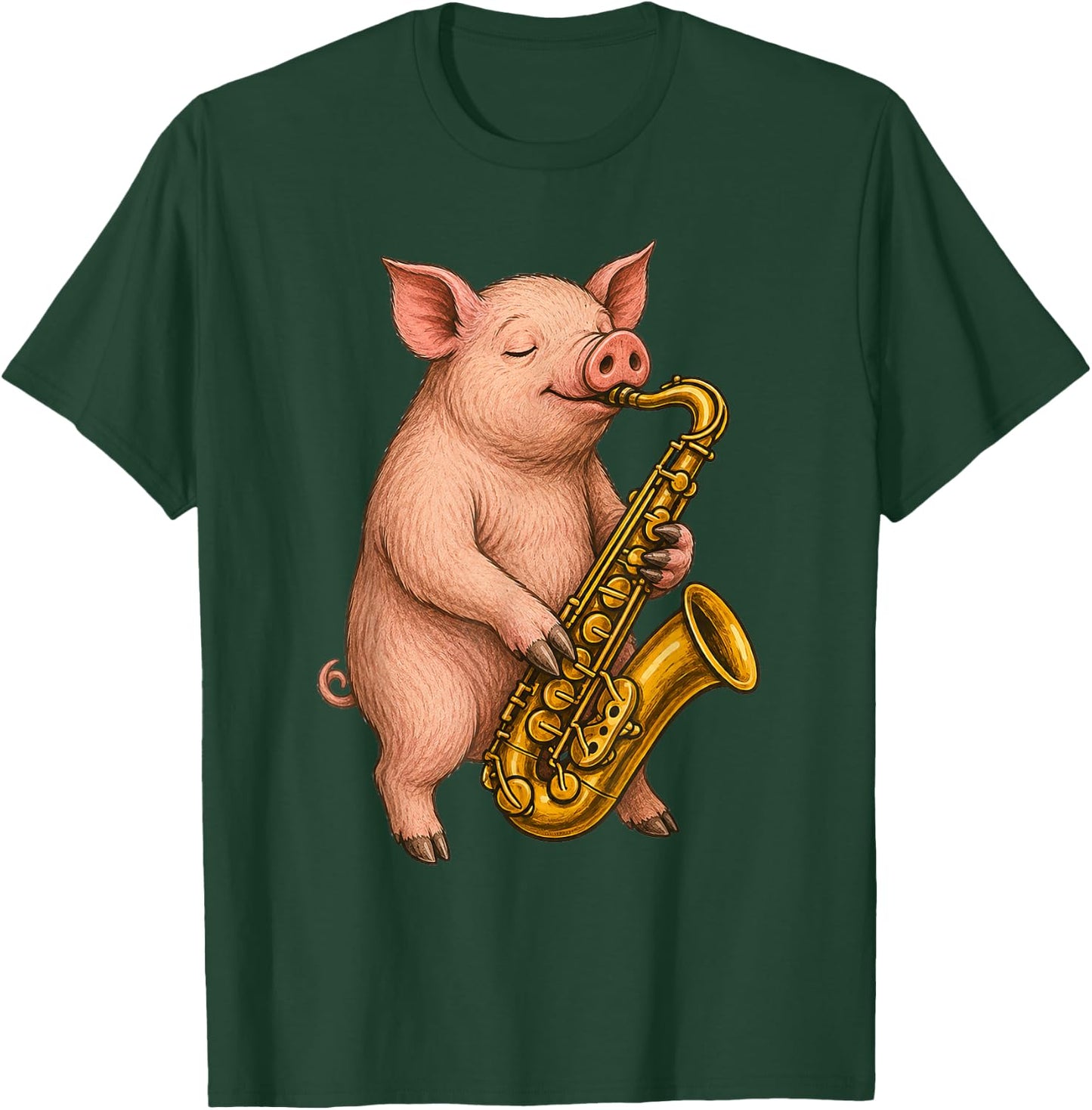 Cute Pig Playing Saxophone Musician Music T-Shirt - T-Shirt | Forest